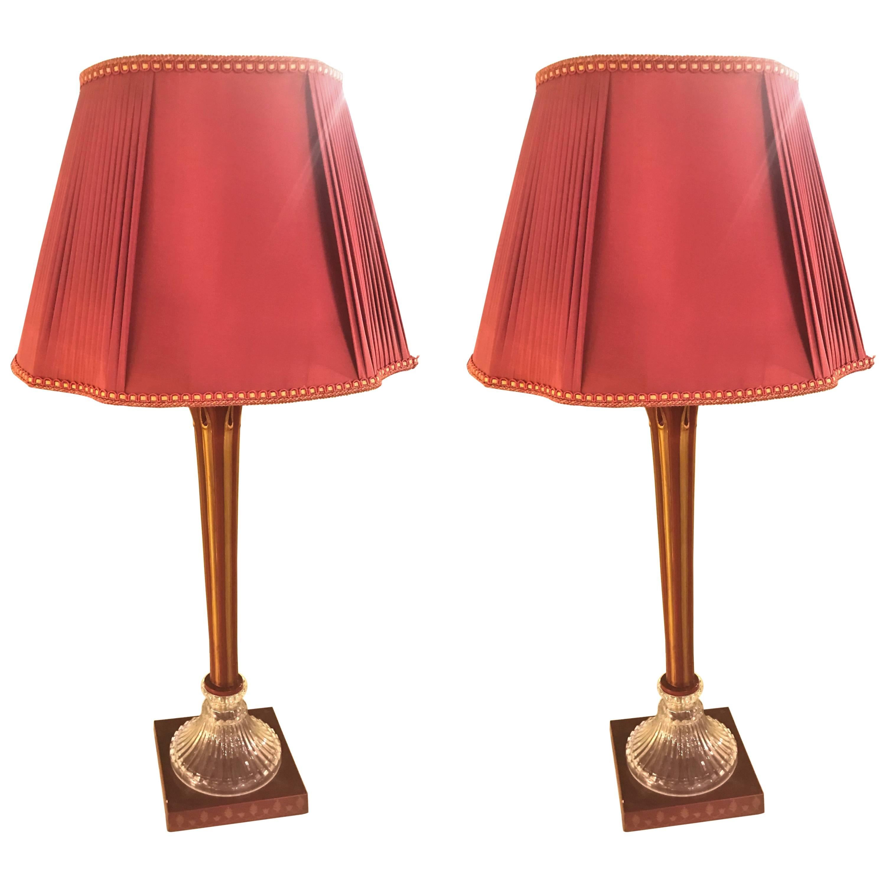 Pair of Hollywood Regency Crystal Base Metal HandPainted Lamps and
