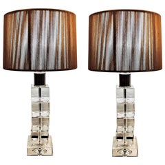 Pair of Hollywood Regency Crystal Stack Table Lamps with Custom Silk Shades