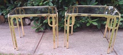 Pair of Hollywood Regency Curved Brass Side Tables with Smoked Glass Tops