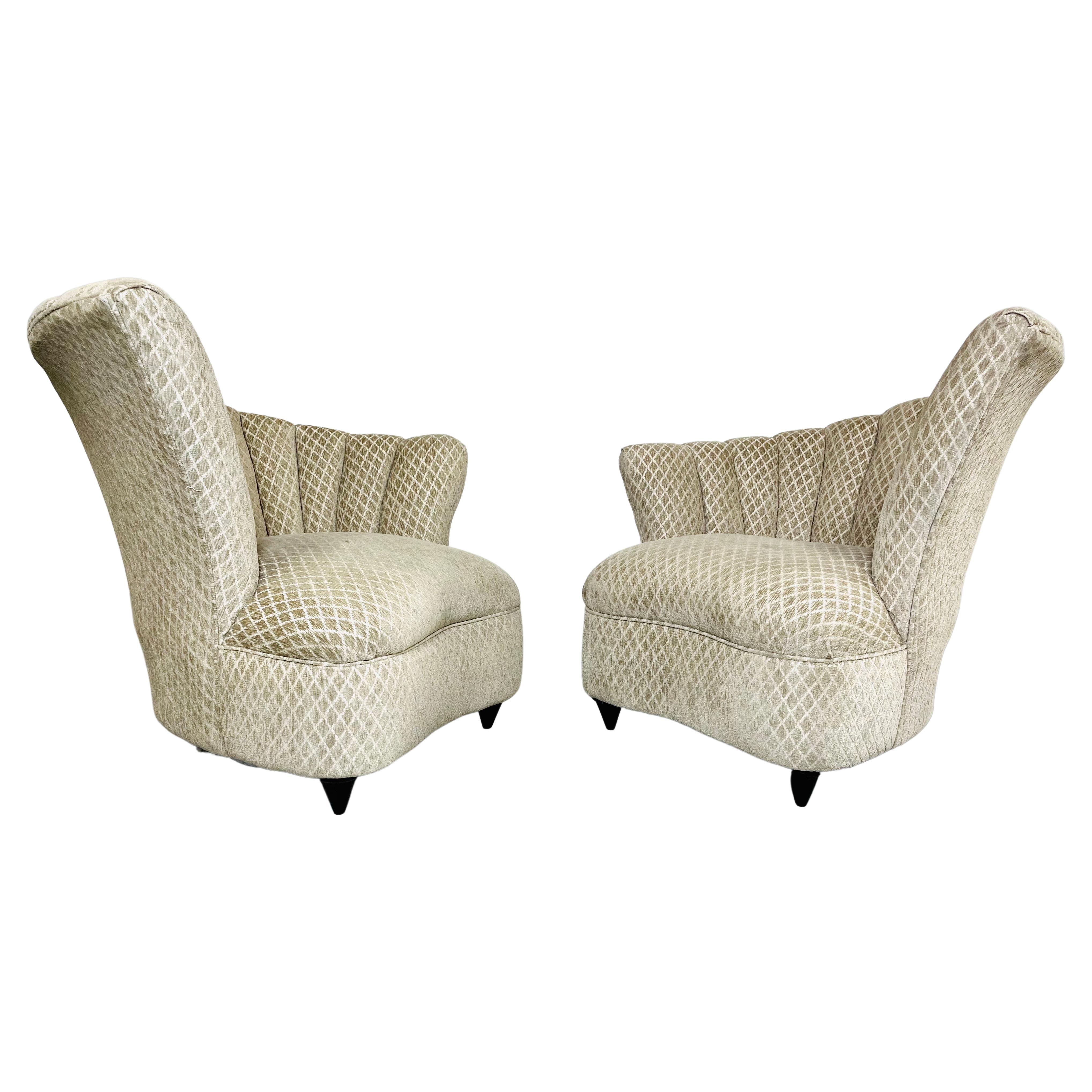 Pair of Hollywood Regency Curved Shell Channel Back Lounge Chairs