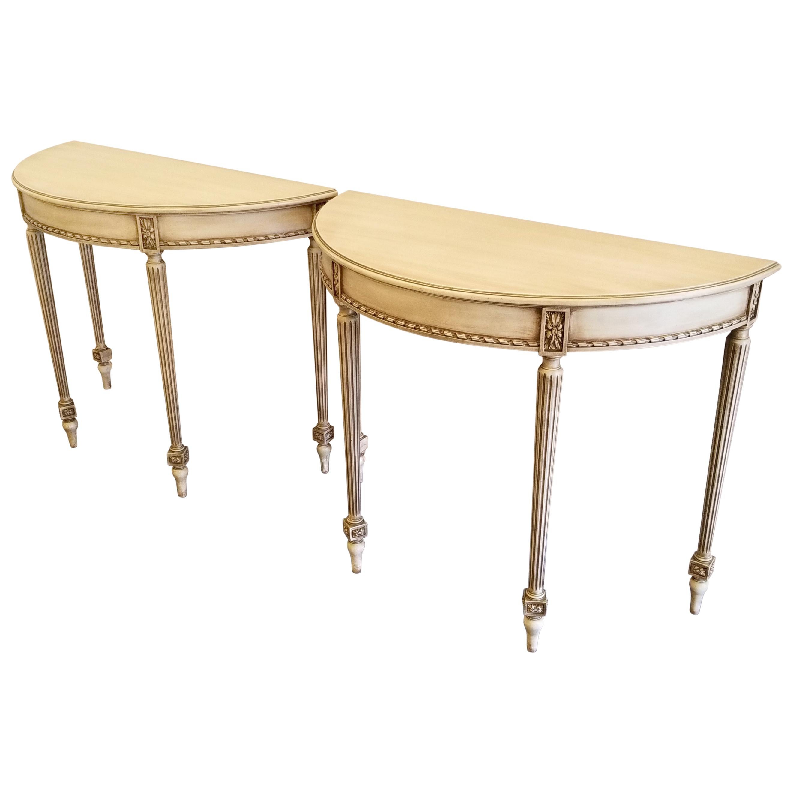 Pair of Hollywood Regency Demilune Tables For Sale