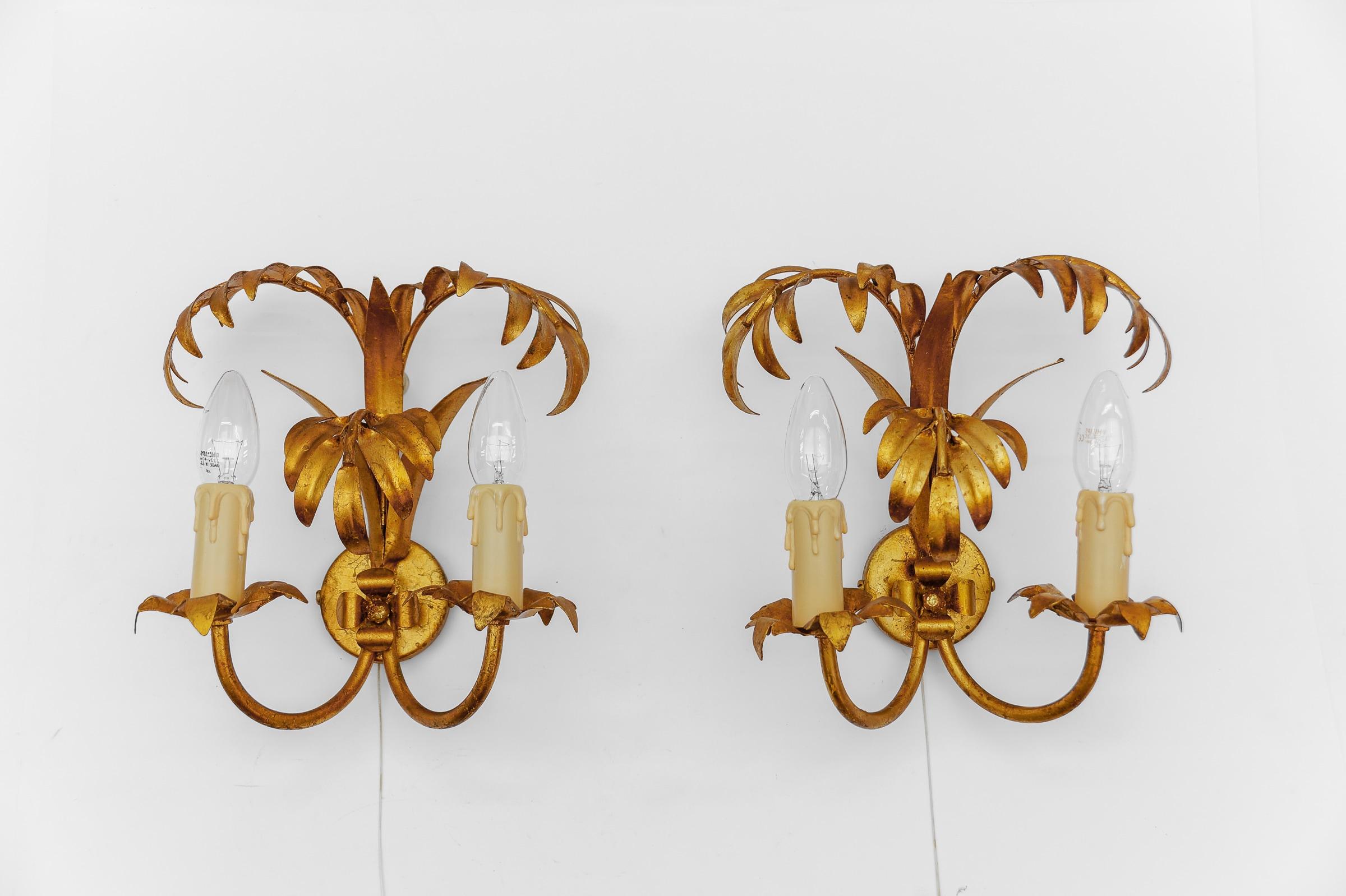 Pair of Hollywood Regency Double Palm Wall Lights by Hans Kögl, Germany, 1970s For Sale 5