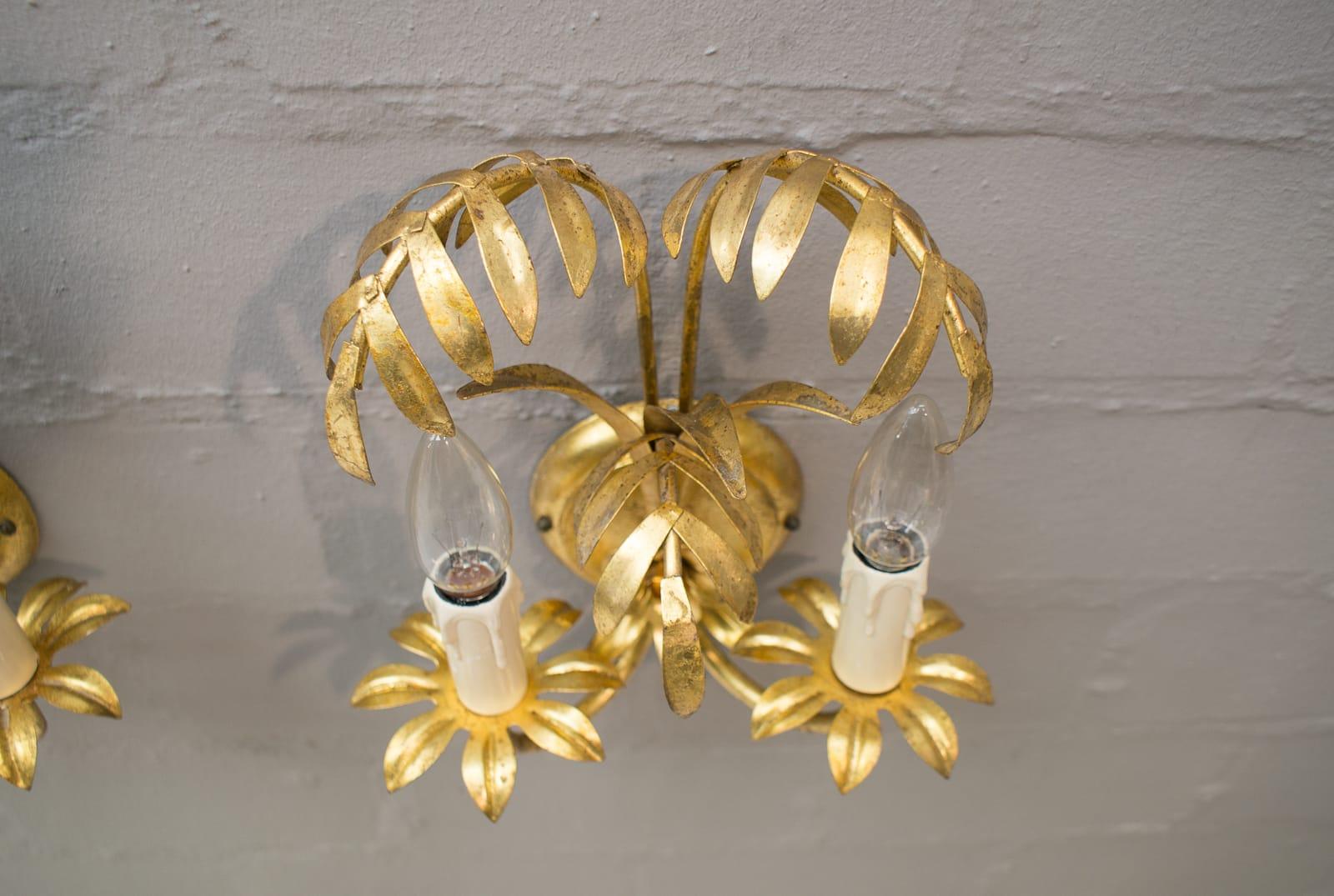 Gilt Pair of Hollywood Regency Double Palm Wall Lights by Hans Kögl, Germany, 1970s