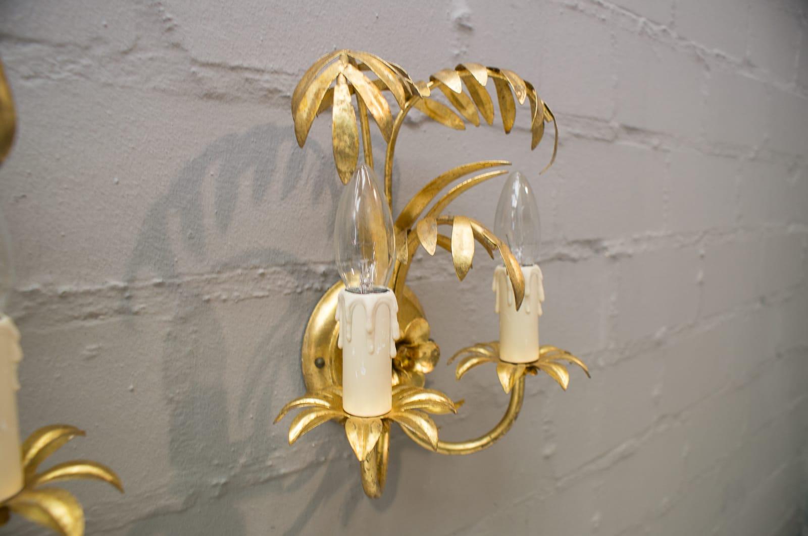 Brass Pair of Hollywood Regency Double Palm Wall Lights by Hans Kögl, Germany, 1970s