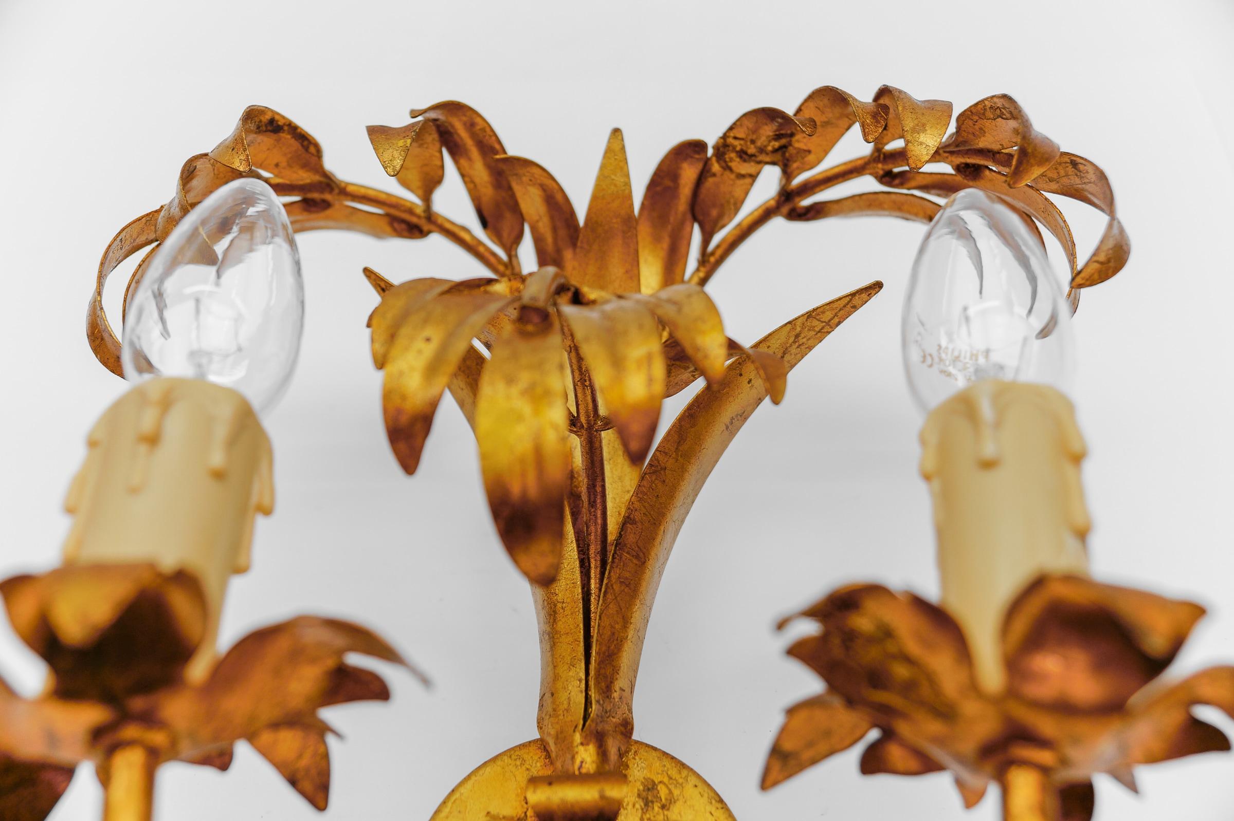 Brass Pair of Hollywood Regency Double Palm Wall Lights by Hans Kögl, Germany, 1970s For Sale