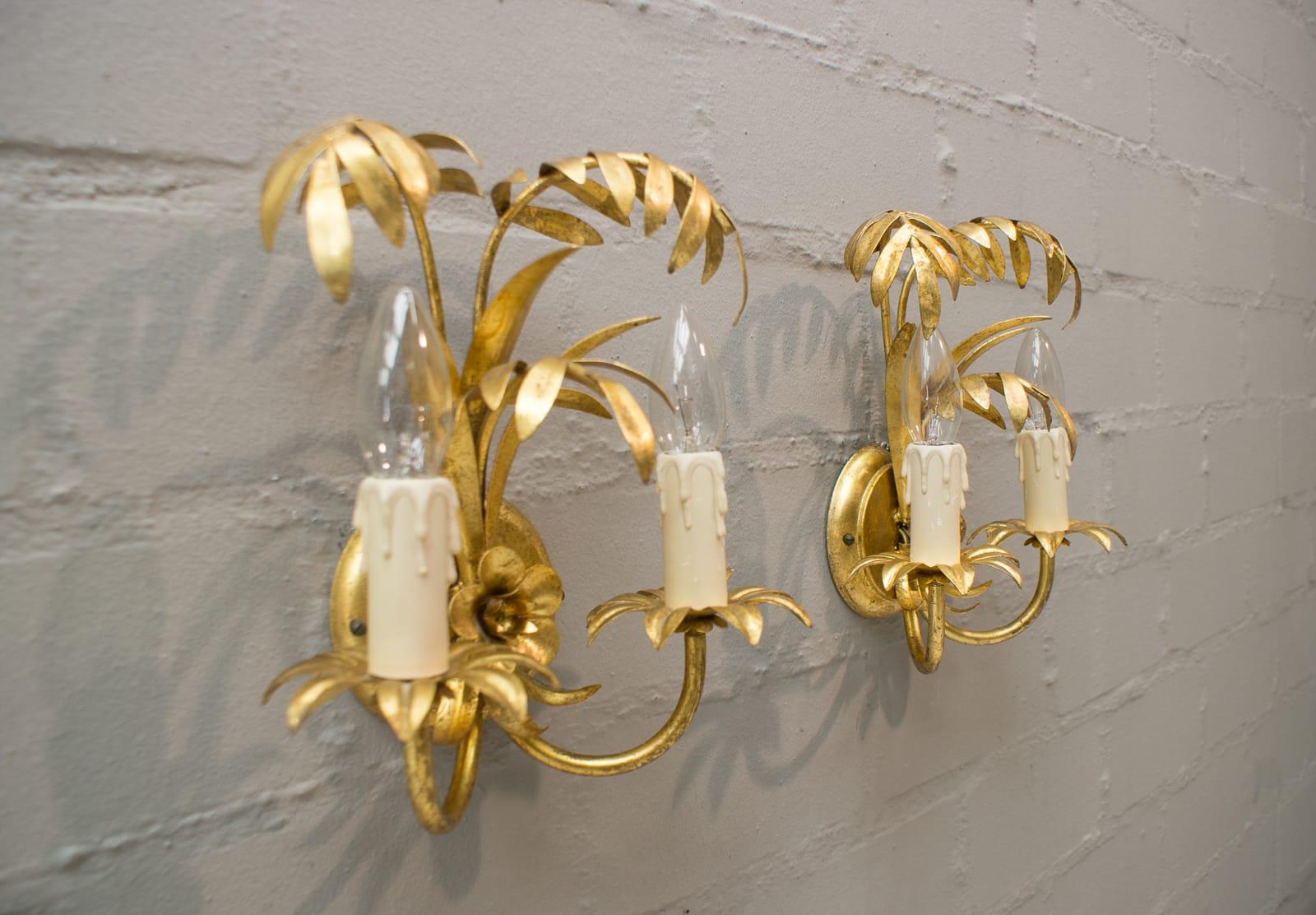 Pair of Hollywood Regency Double Palm Wall Lights by Hans Kögl, Germany, 1970s 1