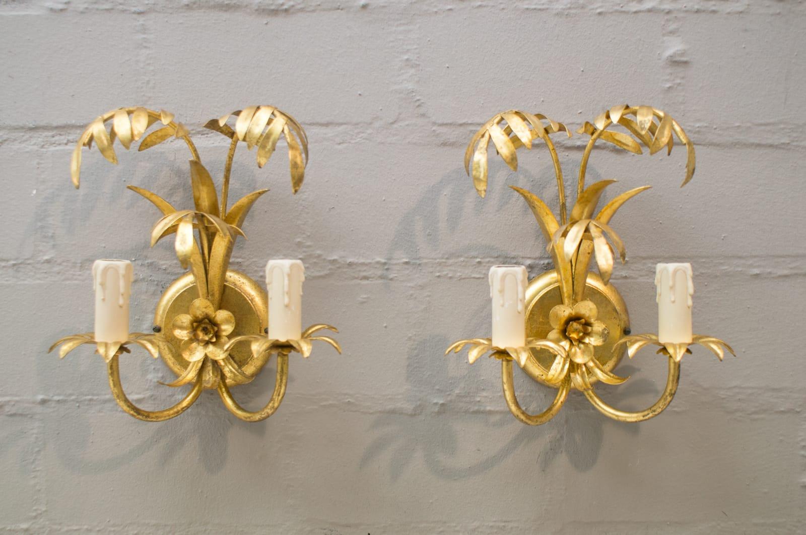 Pair of Hollywood Regency Double Palm Wall Lights by Hans Kögl, Germany, 1970s 2