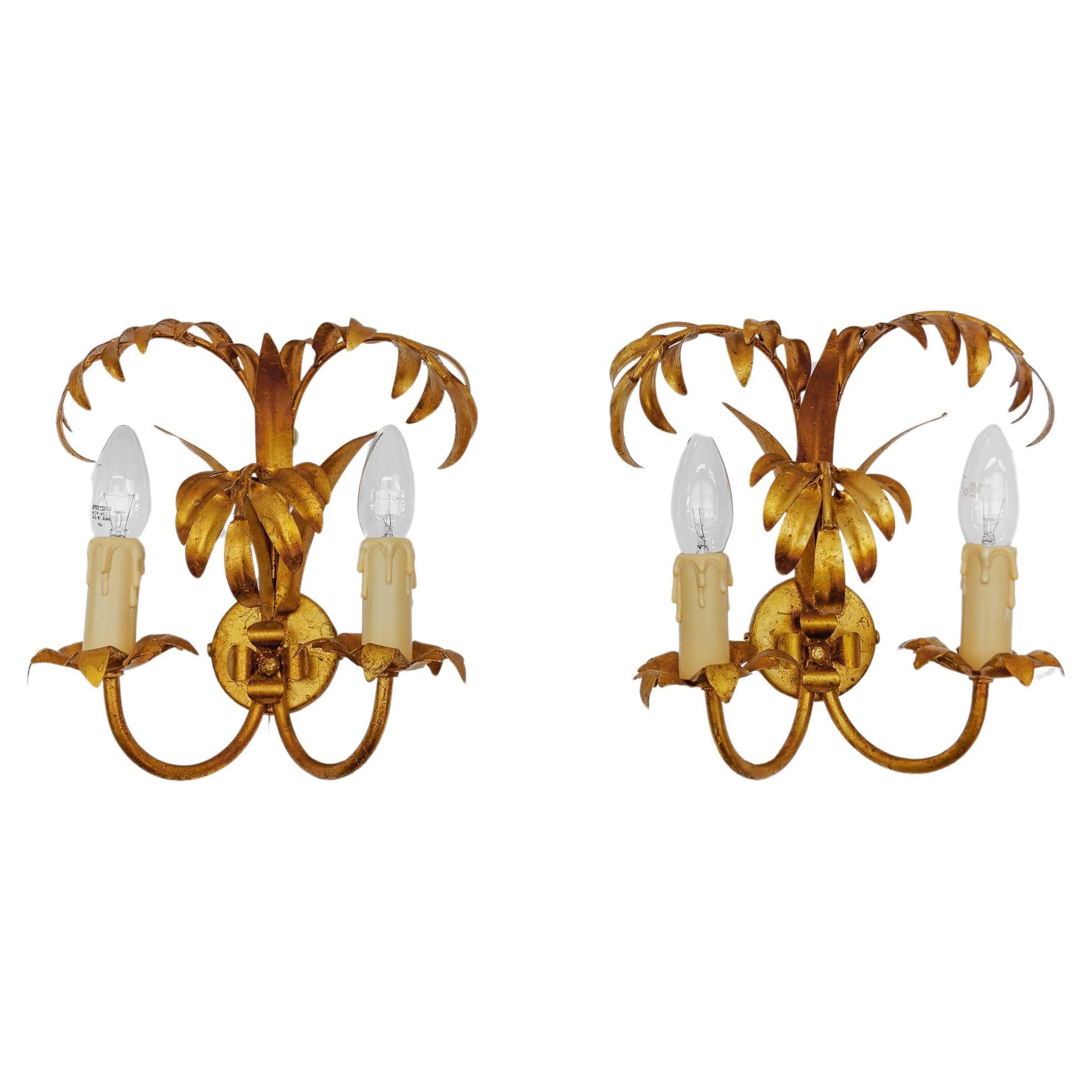 Pair of Hollywood Regency Double Palm Wall Lights by Hans Kögl, Germany, 1970s