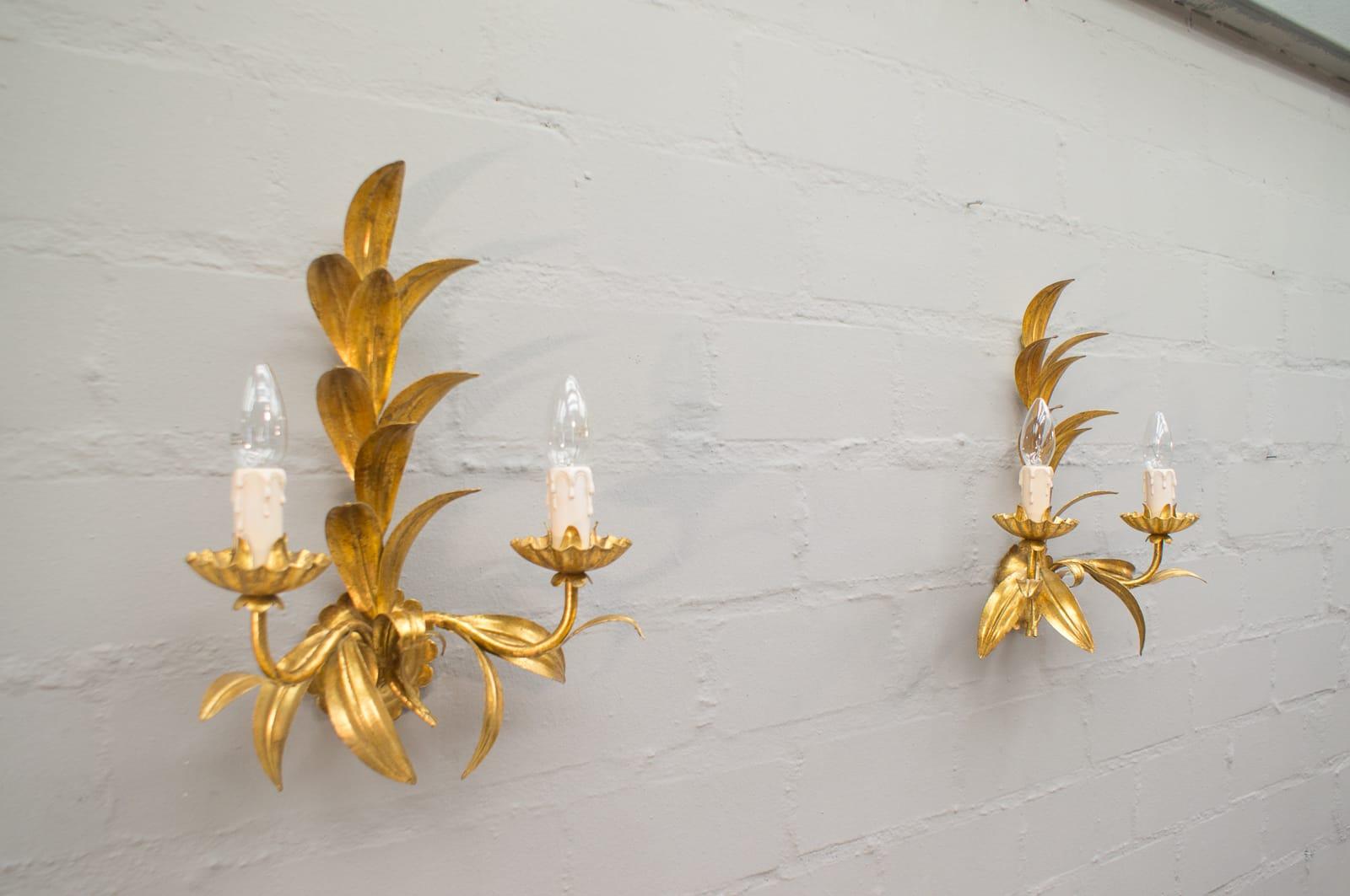 Gilt Pair of Hollywood Regency Double Wall Lights by Hans Kögl, Germany, 1970s