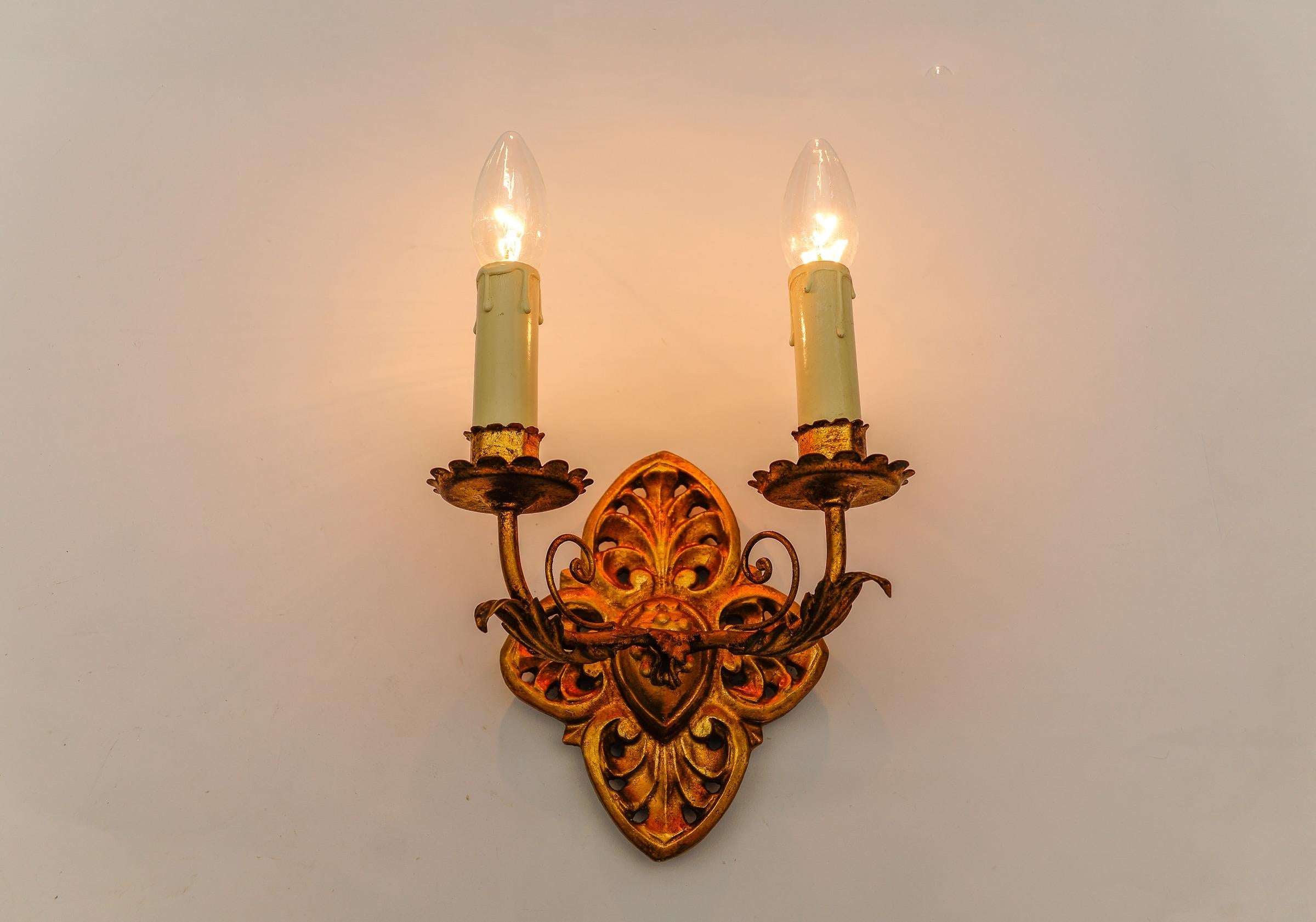 Metal Pair of Hollywood Regency Double Wall Lights, Germany 1960s For Sale