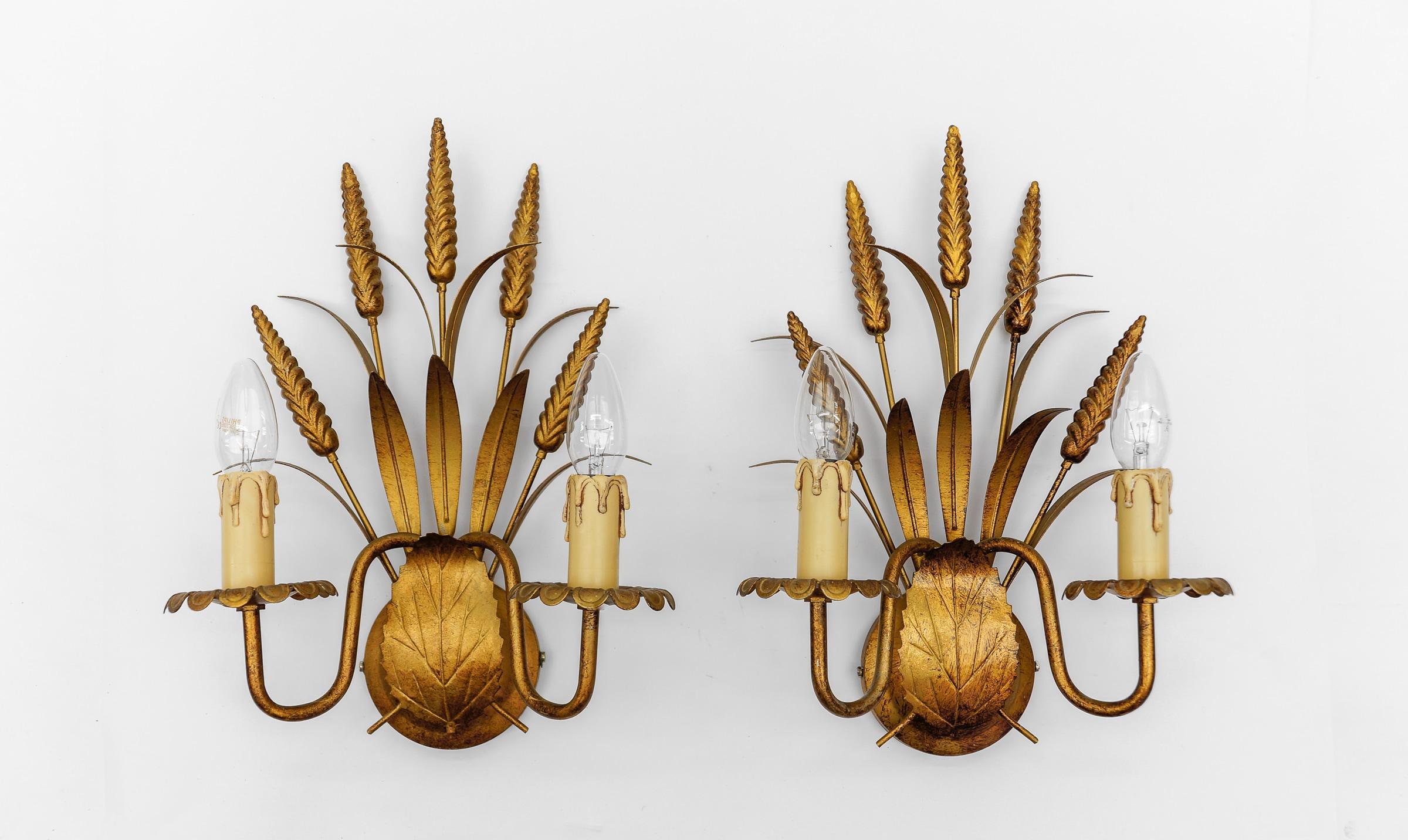Pair of Hollywood Regency Double Wheat Wall Lights by Hans Kögl, Germany, 1970s For Sale 8