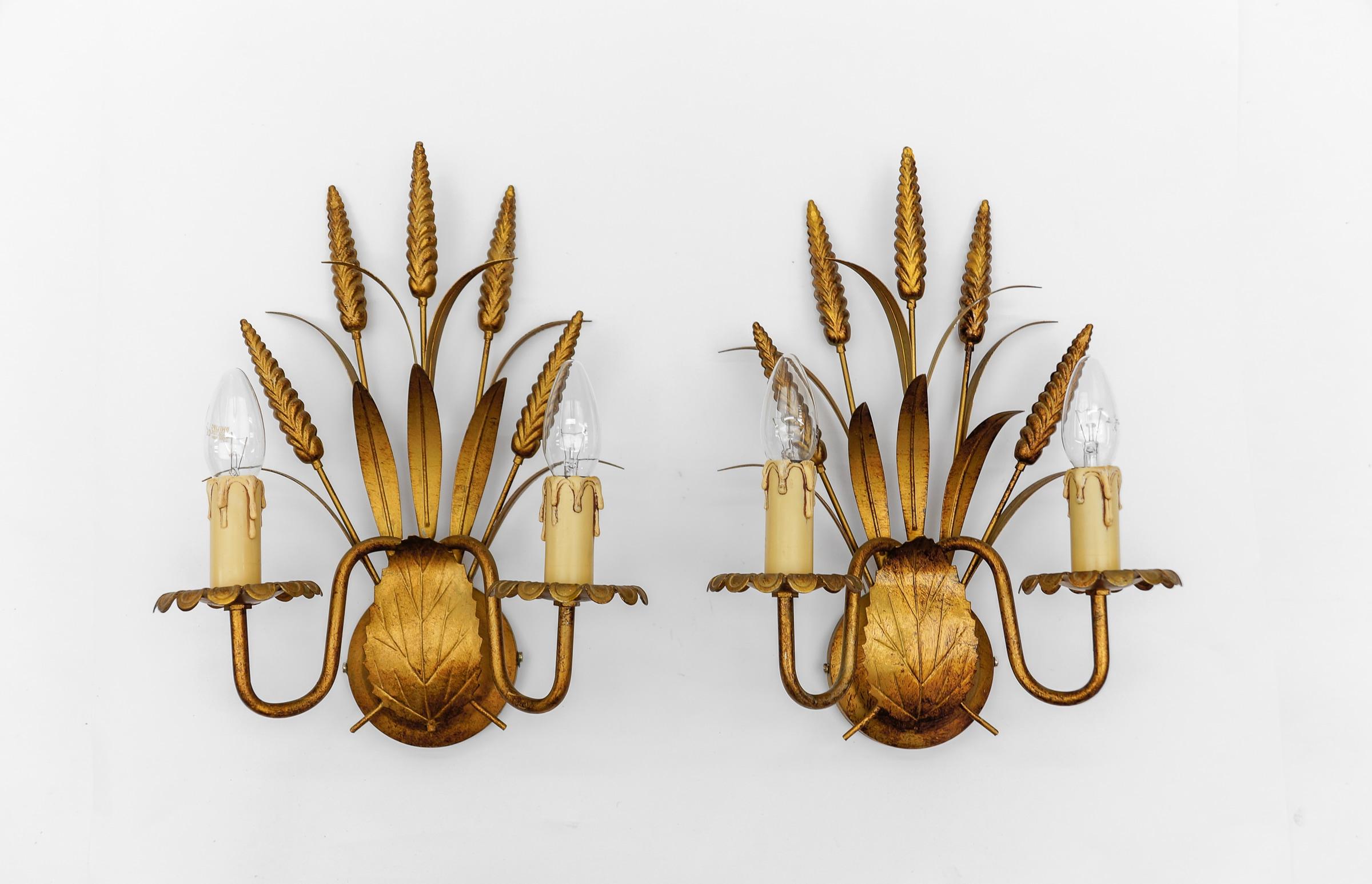 Late 20th Century Pair of Hollywood Regency Double Wheat Wall Lights by Hans Kögl, Germany, 1970s For Sale