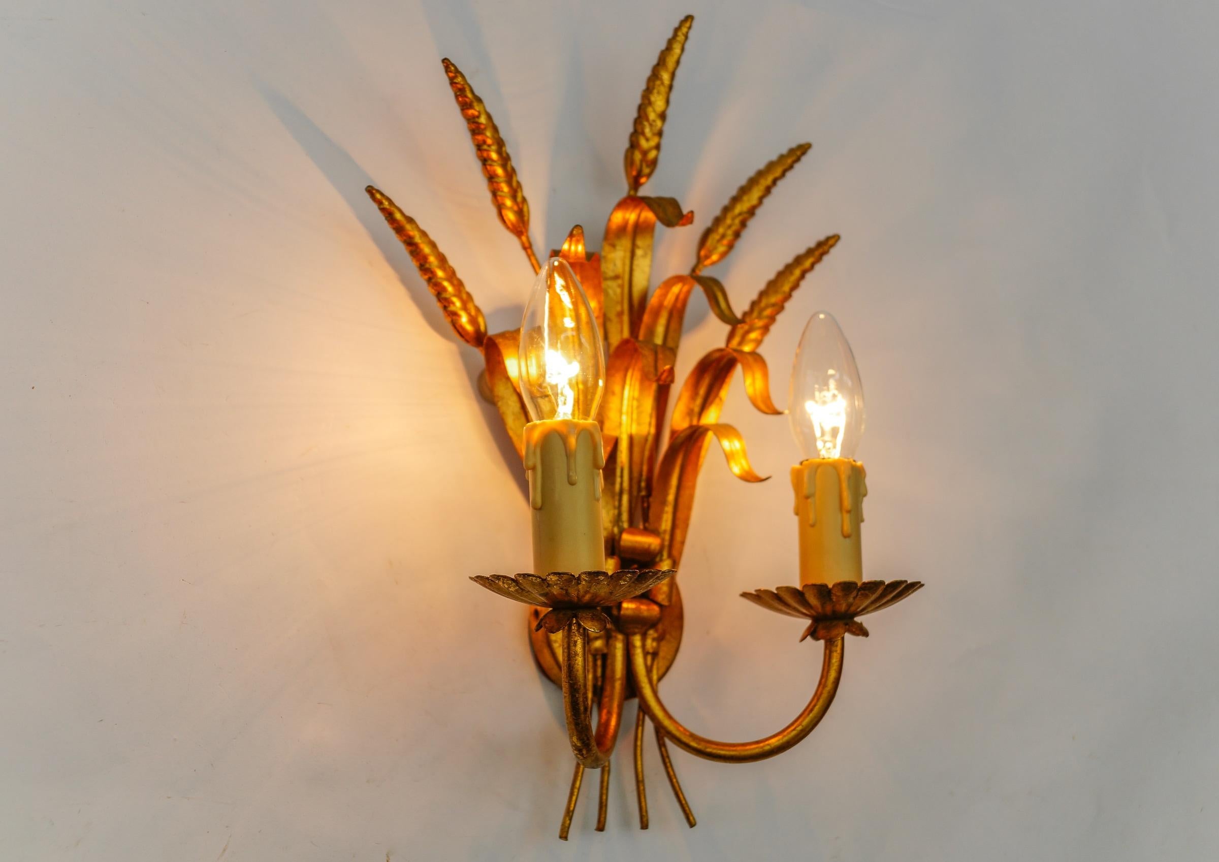 Metal Pair of Hollywood Regency Double Wheat Wall Lights by Hans Kögl, Germany, 1970s For Sale