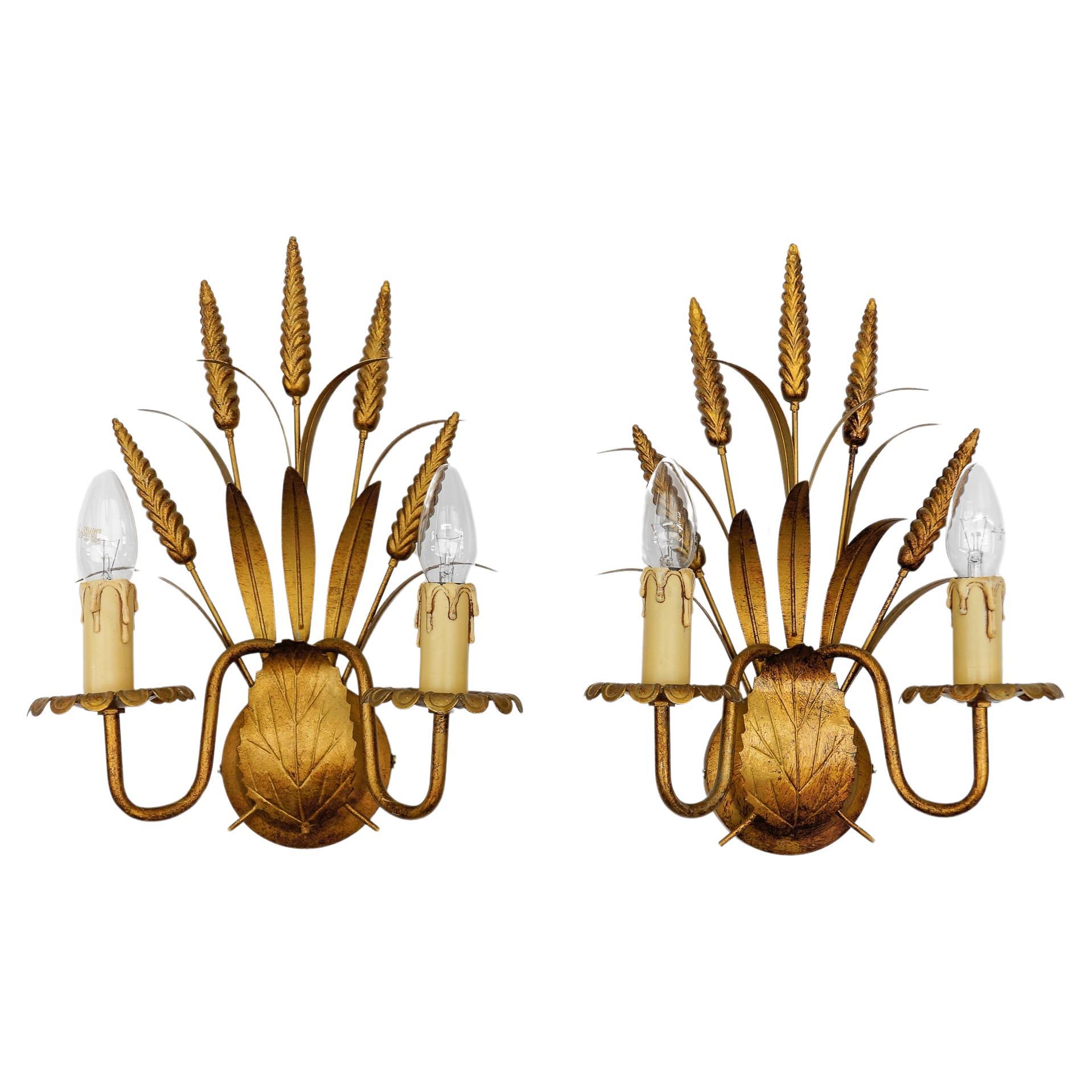 Pair of Hollywood Regency Double Wheat Wall Lights by Hans Kögl, Germany, 1970s For Sale