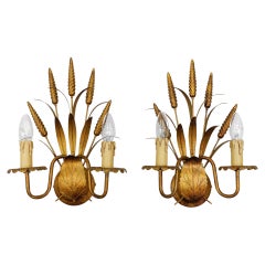 Vintage Pair of Hollywood Regency Double Wheat Wall Lights by Hans Kögl, Germany, 1970s
