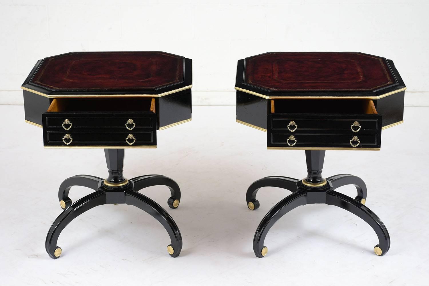 Lacquered Pair of Hollywood Regency Ebonized Side Tables