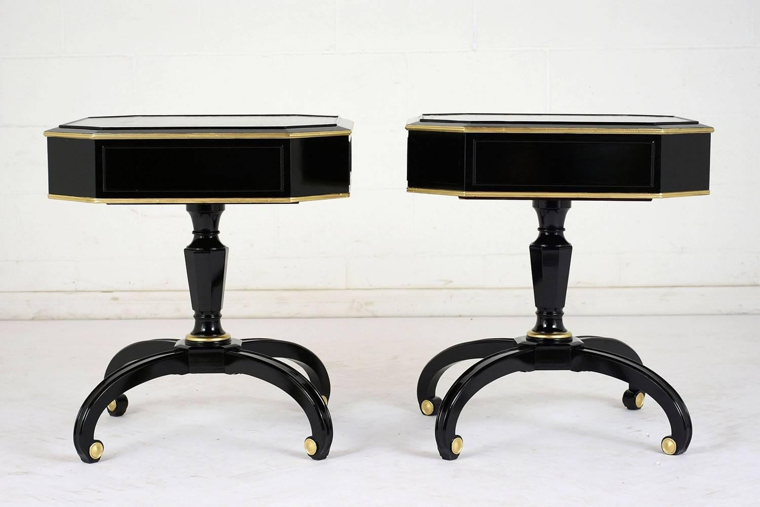 Brass Pair of Hollywood Regency Ebonized Side Tables