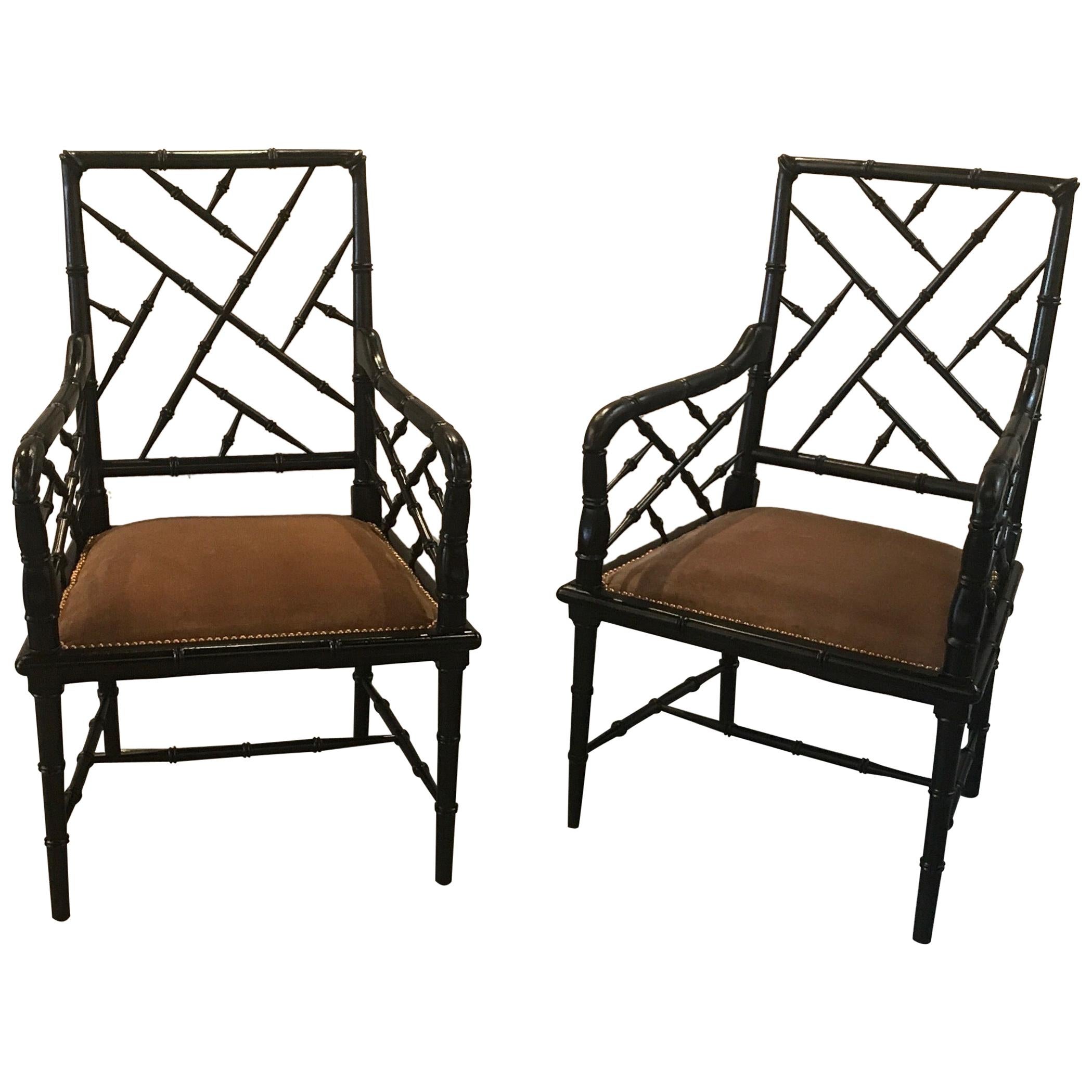 Pair of Hollywood Regency Ebonized Wood Accent Chairs