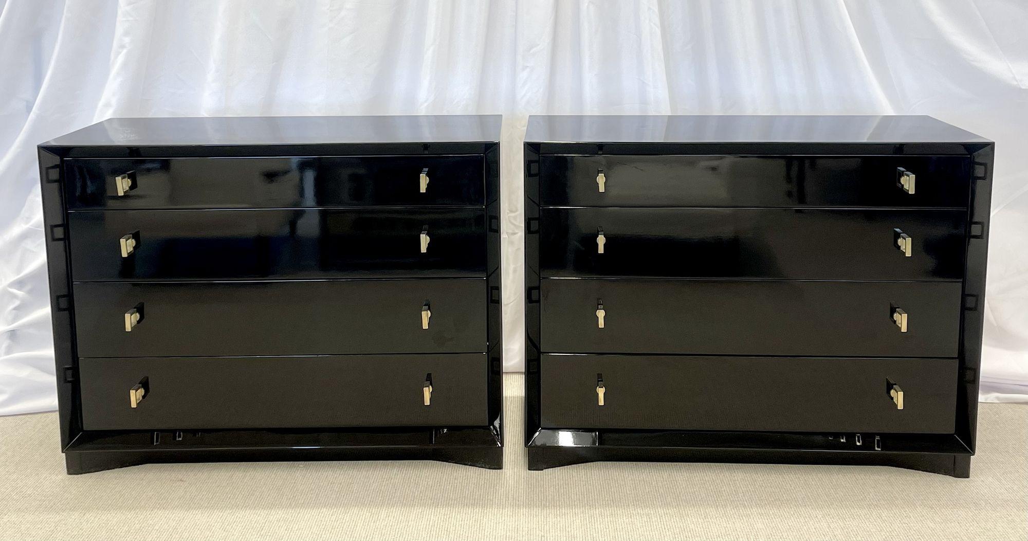 Pair of Hollywood Regency Ebony chests, commodes, nightstands, Re Lacquered
 
Each having grauding drawers with brass box pulls on bracket feet. The pair marked and having burn marks on the reverse from the American furniture company Plymouth.