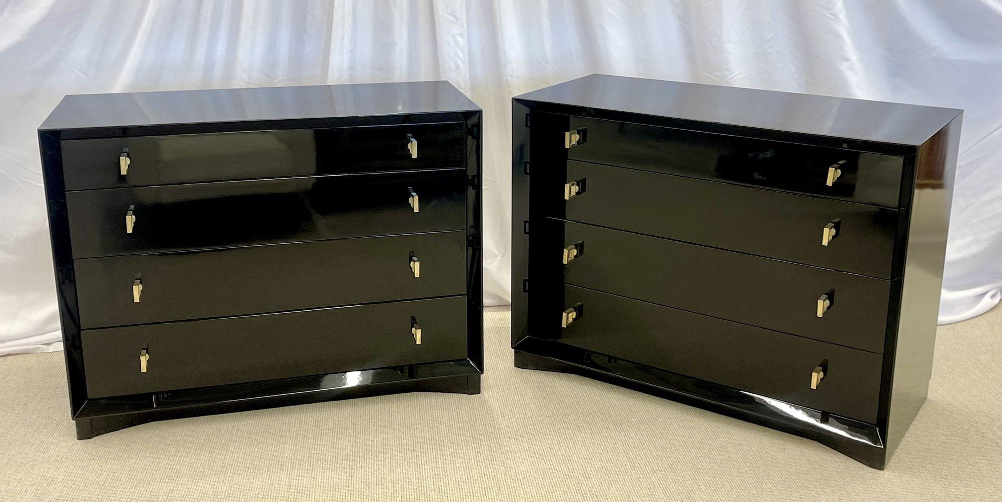 American Pair of Hollywood Regency Ebony Chests, Commodes, Nightstands, Re Lacquered