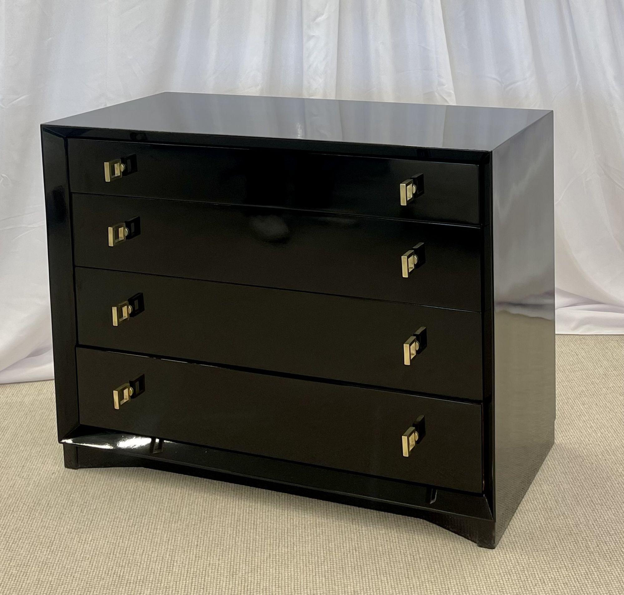 Pair of Hollywood Regency Ebony Chests, Commodes, Nightstands, Re Lacquered In Good Condition In Stamford, CT