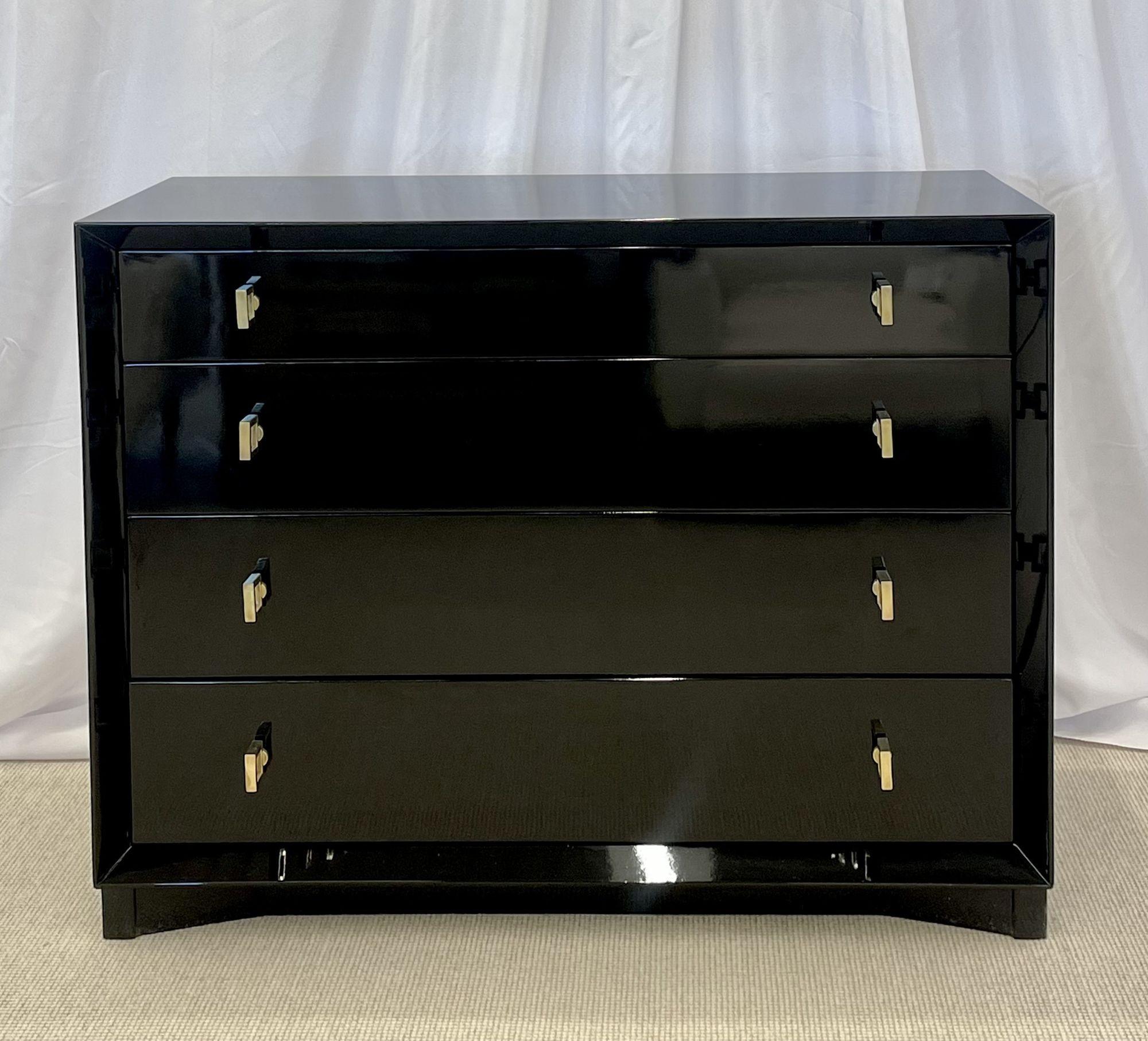 20th Century Pair of Hollywood Regency Ebony Chests, Commodes, Nightstands, Re Lacquered