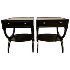 Pair of Hollywood Regency Ebony Night Tables, End or Side Tables, Single Drawer