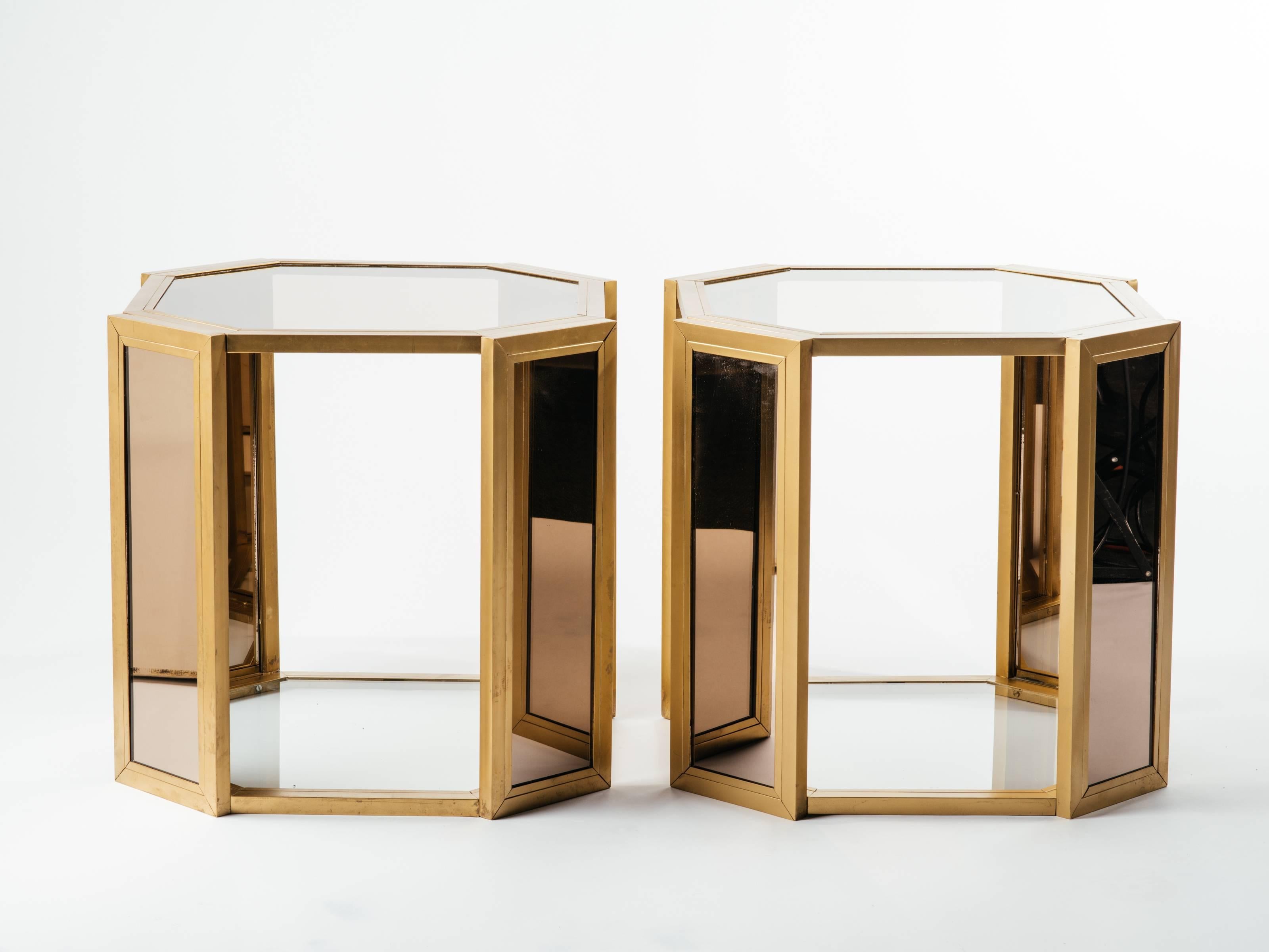 Pair of Hexagon Two Tier Side Tables in Brass and Smoked Glass, c. 1970s For Sale 2