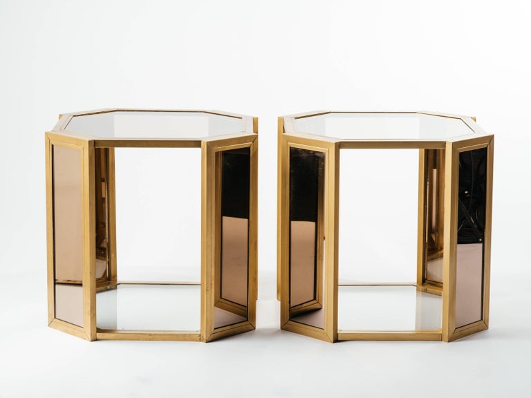 Pair of Hollywood Regency Brass and Tinted Glass Side Tables, c. 1970's For Sale 2