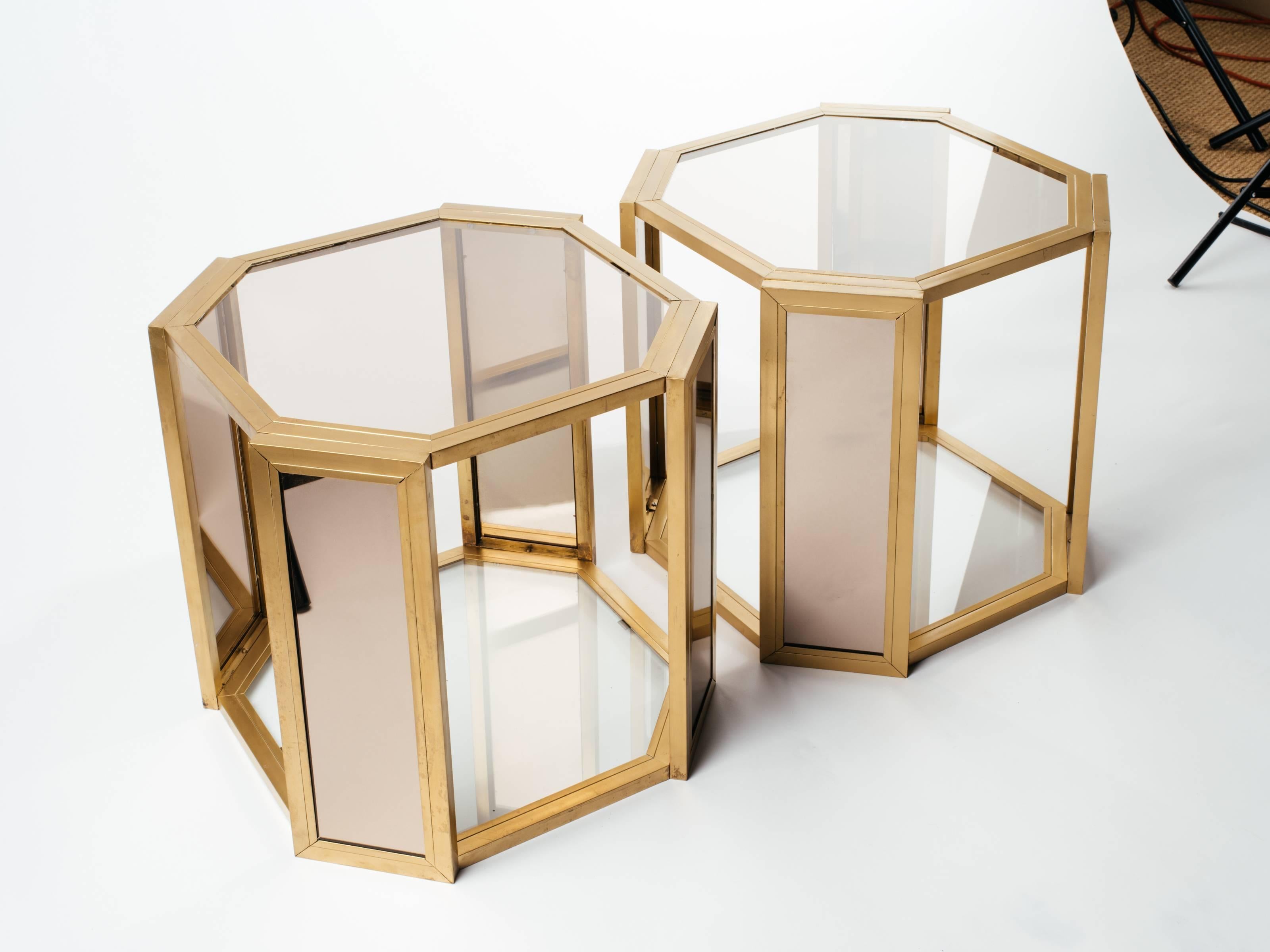 American Pair of Hexagon Two Tier Side Tables in Brass and Smoked Glass, c. 1970s For Sale