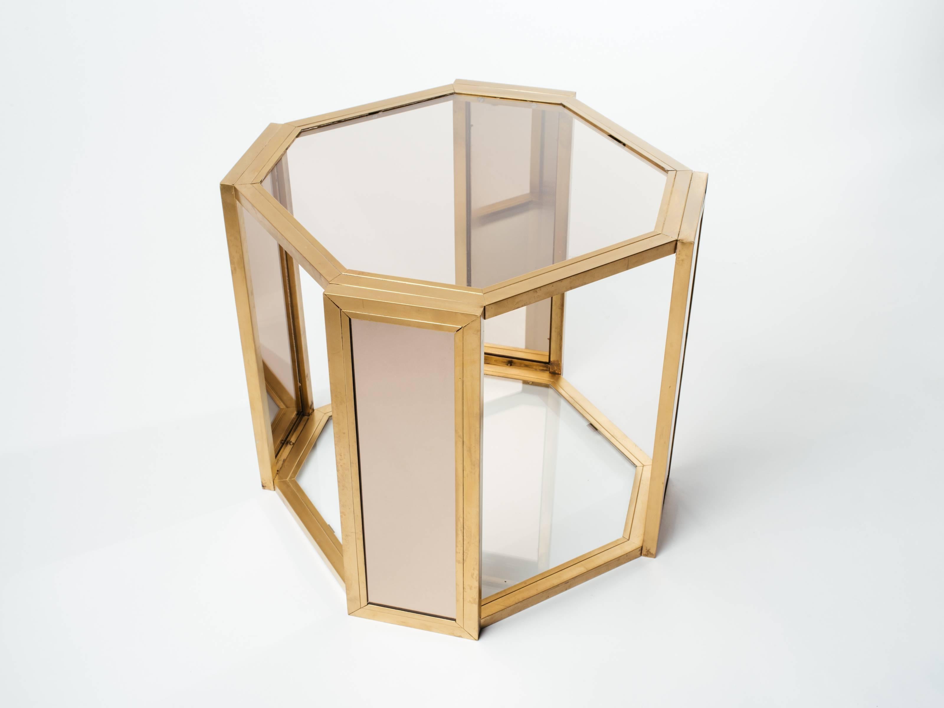 Bronzed Pair of Hexagon Two Tier Side Tables in Brass and Smoked Glass, c. 1970s For Sale