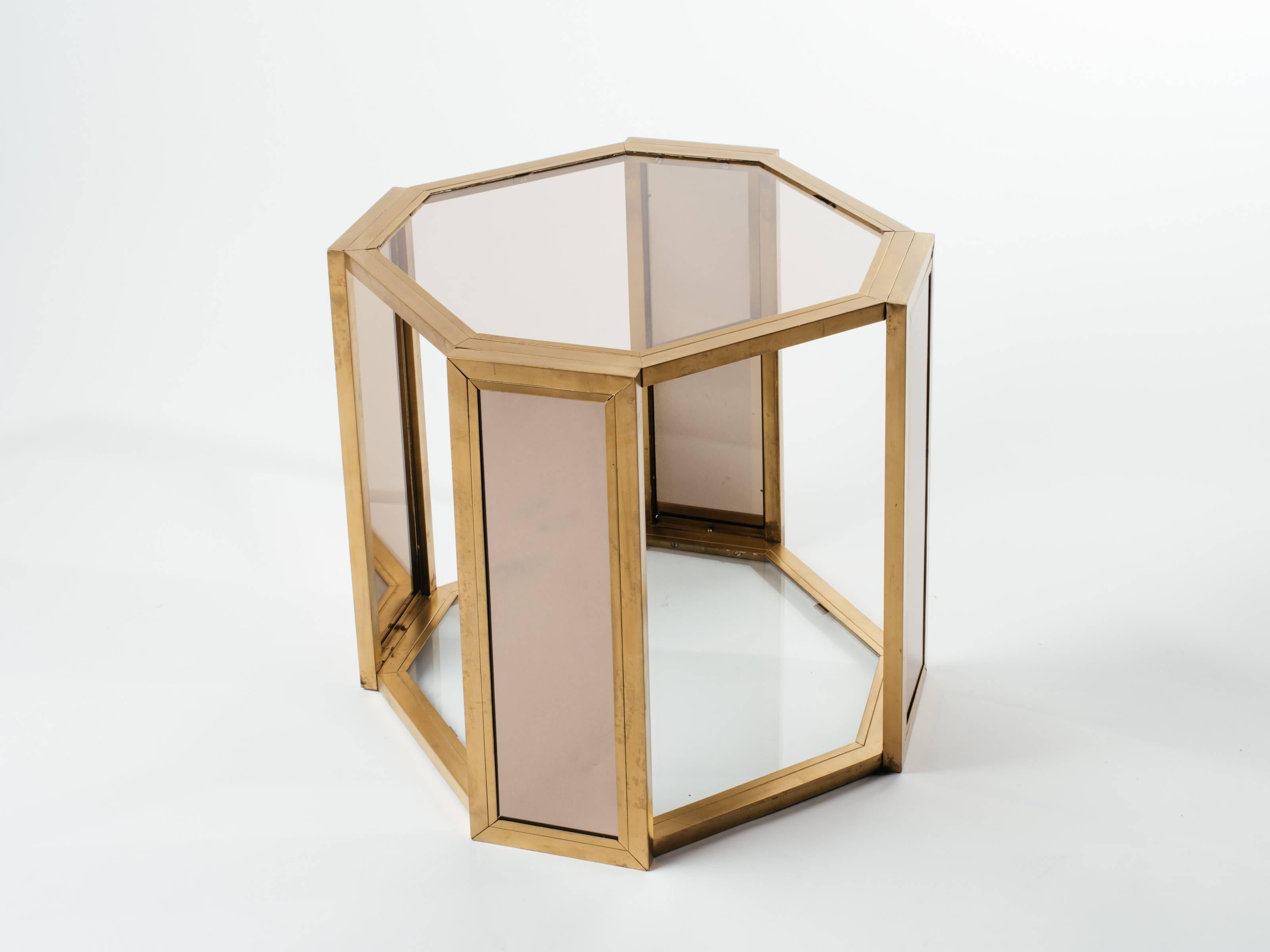 Late 20th Century Pair of Hexagon Two Tier Side Tables in Brass and Smoked Glass, c. 1970s For Sale