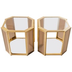 Vintage Pair of Hexagon Two Tier Side Tables in Brass and Smoked Glass, c. 1970s