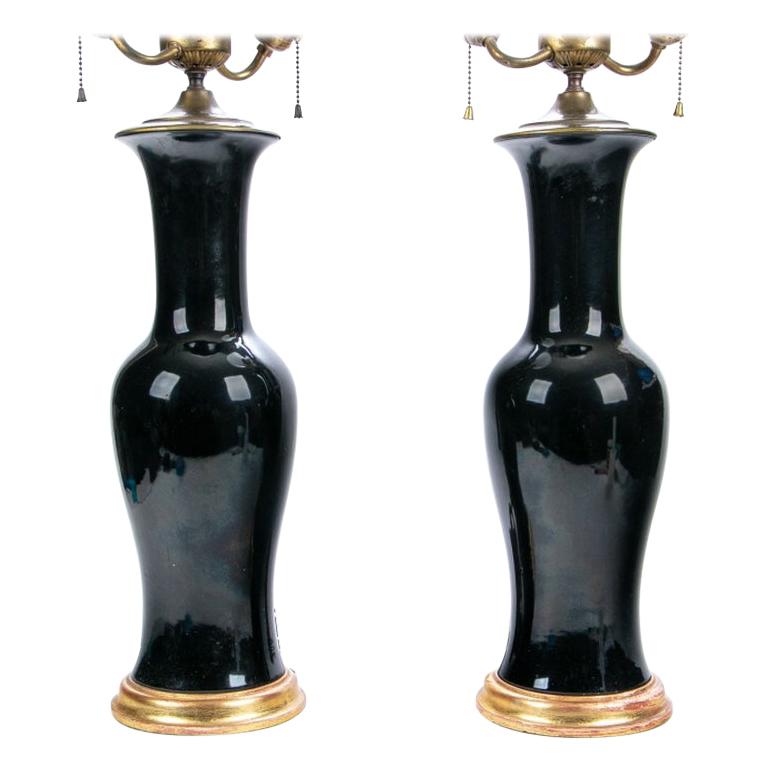 Pair of Hollywood Regency Era Chinese Black Glazed Vases Mounted as Lamps
