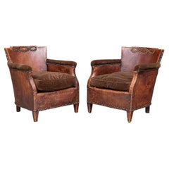 Vintage Pair Of Hollywood Regency Era Leather Armchairs for Restoration