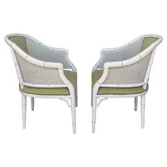 Pair of Hollywood Regency Faux Bamboo Chairs with Cane Back in White lacquer