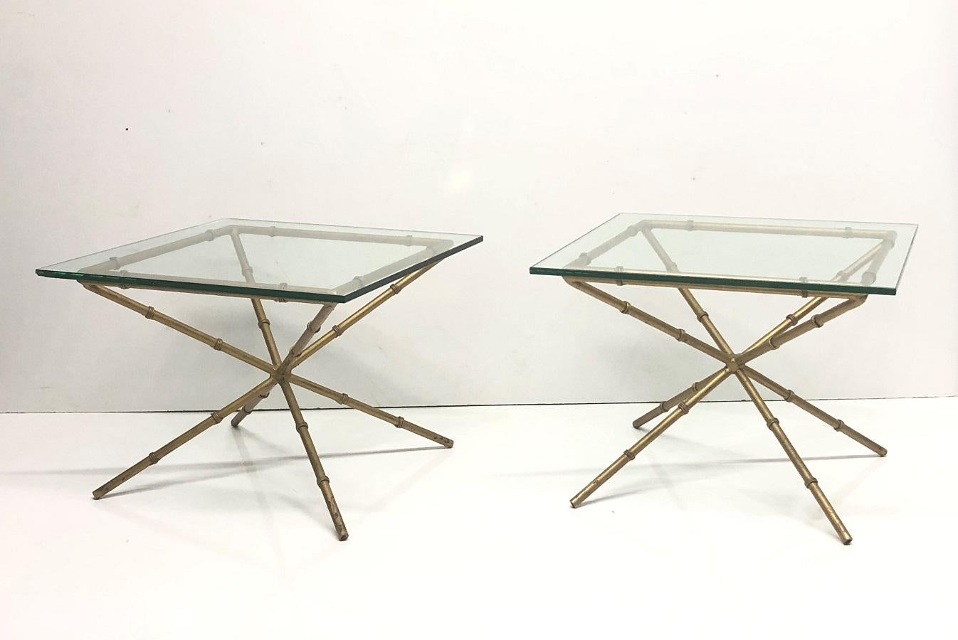 Late 20th Century Pair of Hollywood Regency Faux Bamboo Glass Top Side Tables For Sale