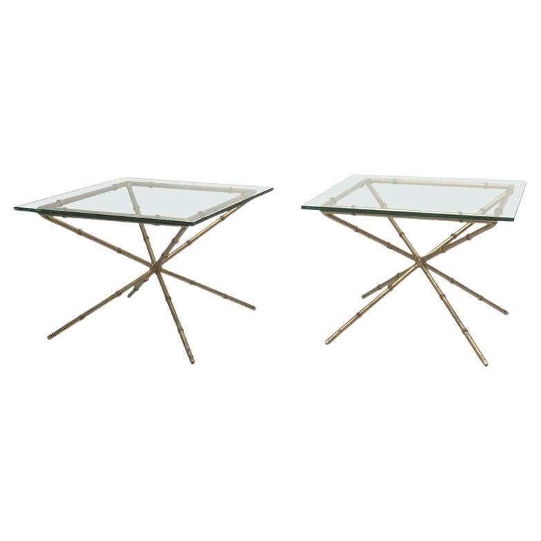 Pair of Hollywood Regency Faux Bamboo Glass Top Side Tables For Sale
