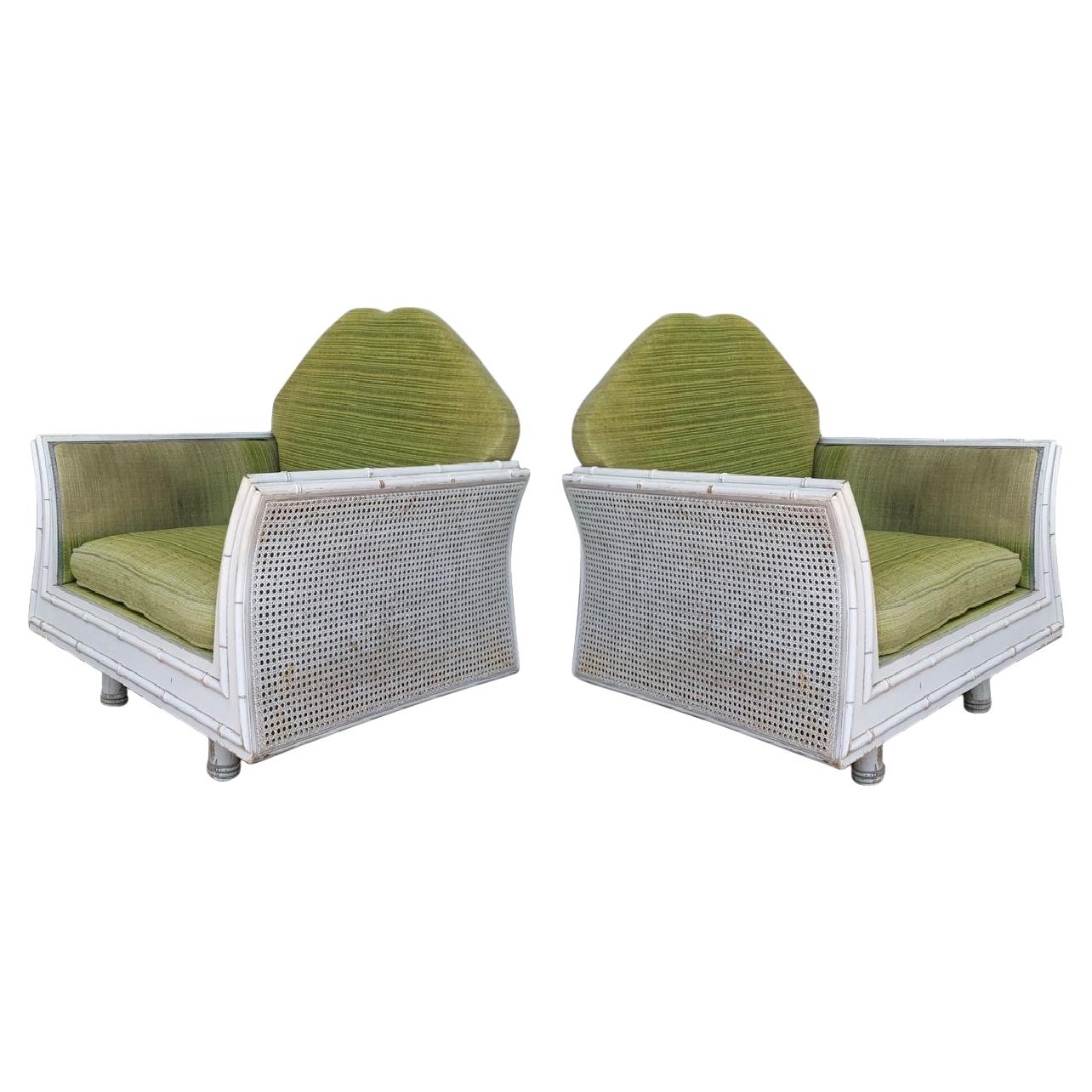Pair of Hollywood Regency Faux Bamboo Lounge Chairs with Cane Back