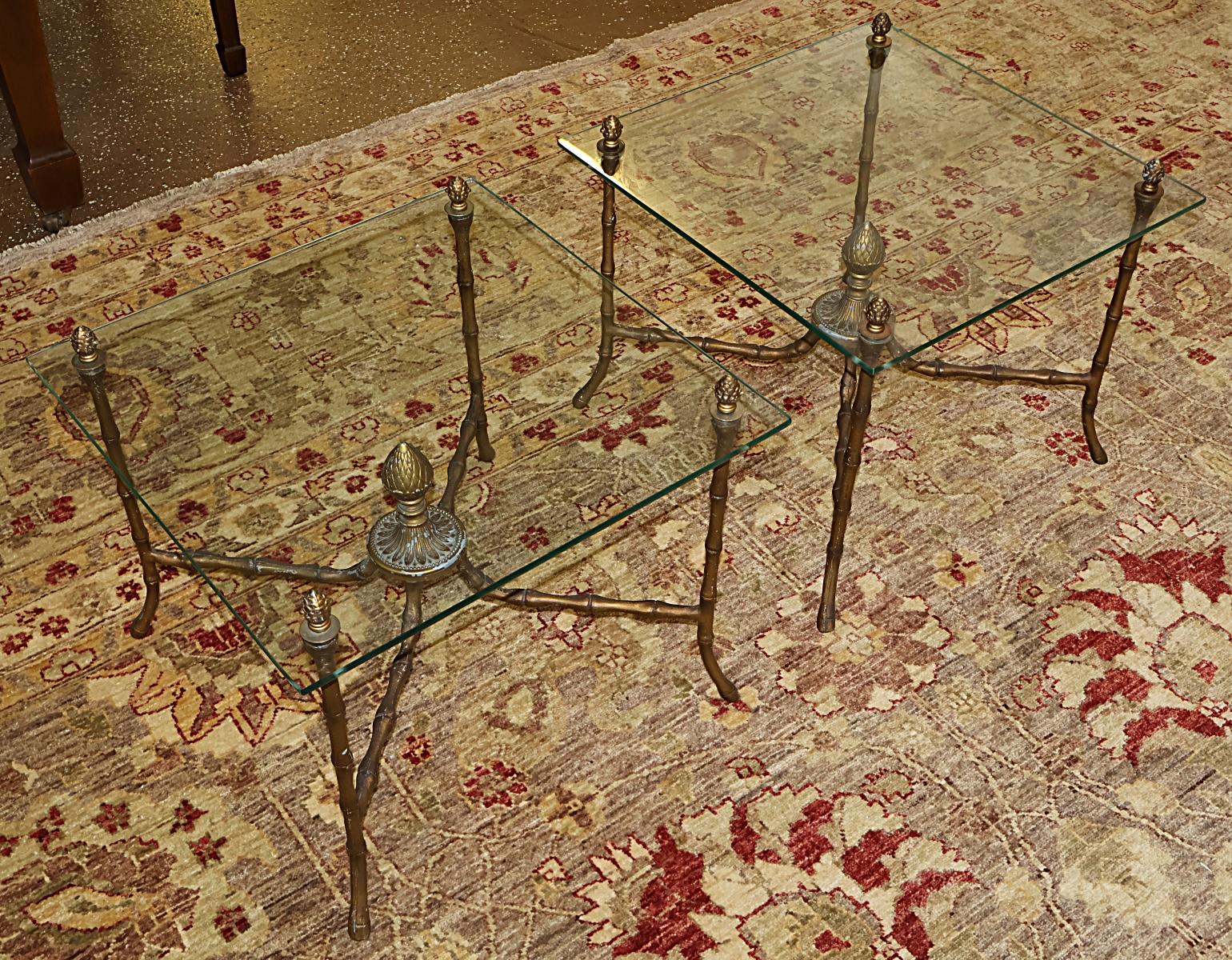 French Pair of Hollywood Regency Faux Bamboo Maison Bagues Style Cocktail End Tables For Sale
