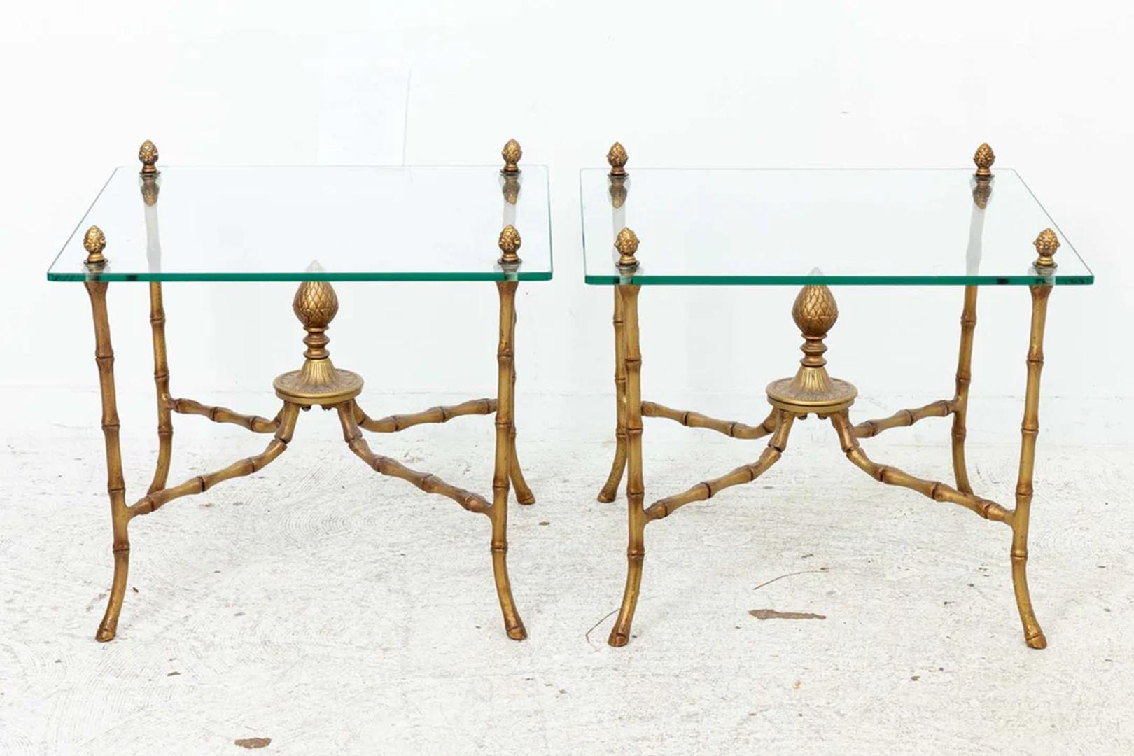 Gilt Pair of Hollywood Regency Faux Bamboo Maison Bagues Style Cocktail End Tables For Sale