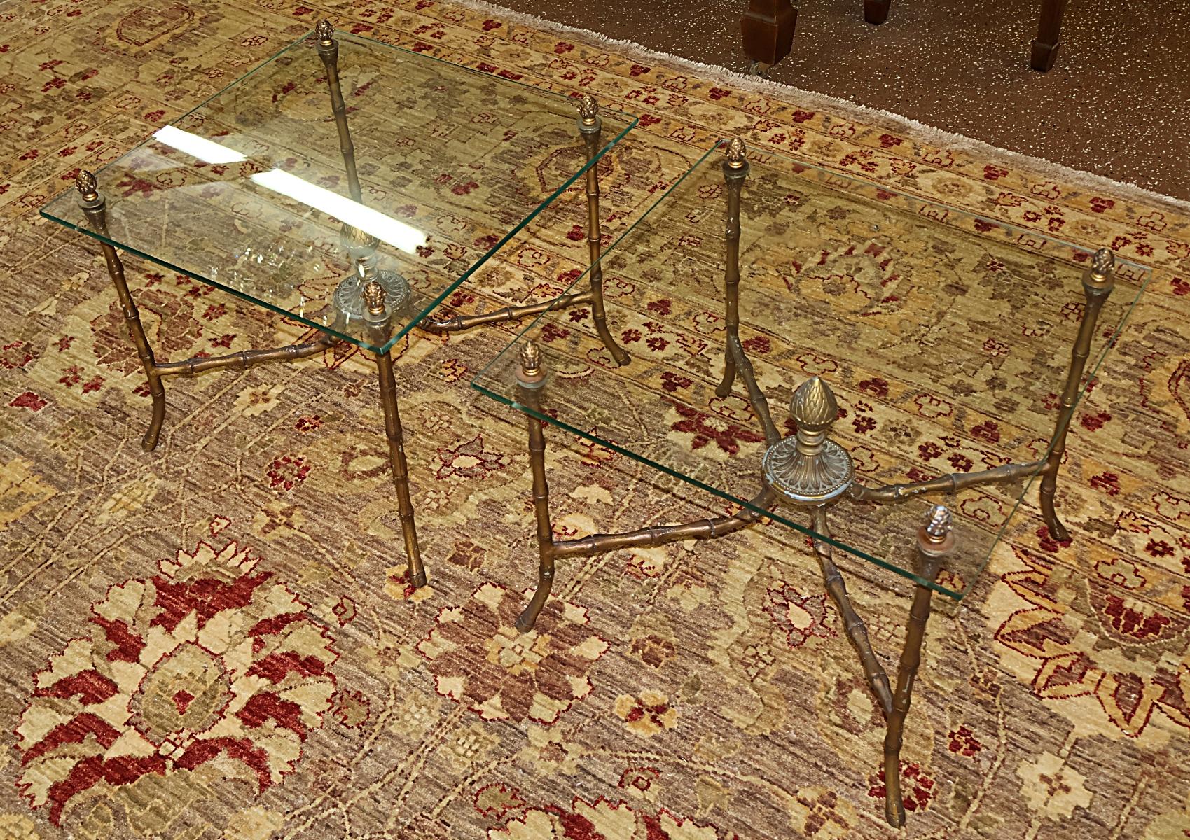 Pair of Hollywood Regency Faux Bamboo Maison Bagues Style Cocktail End Tables In Fair Condition For Sale In Long Branch, NJ