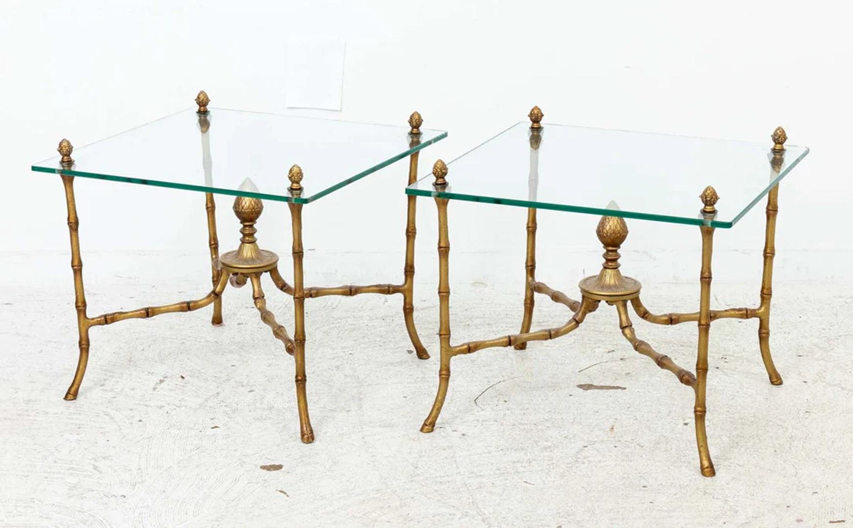 Pair of Hollywood Regency Faux Bamboo Maison Bagues Style Cocktail End Tables In Good Condition For Sale In New York, NY