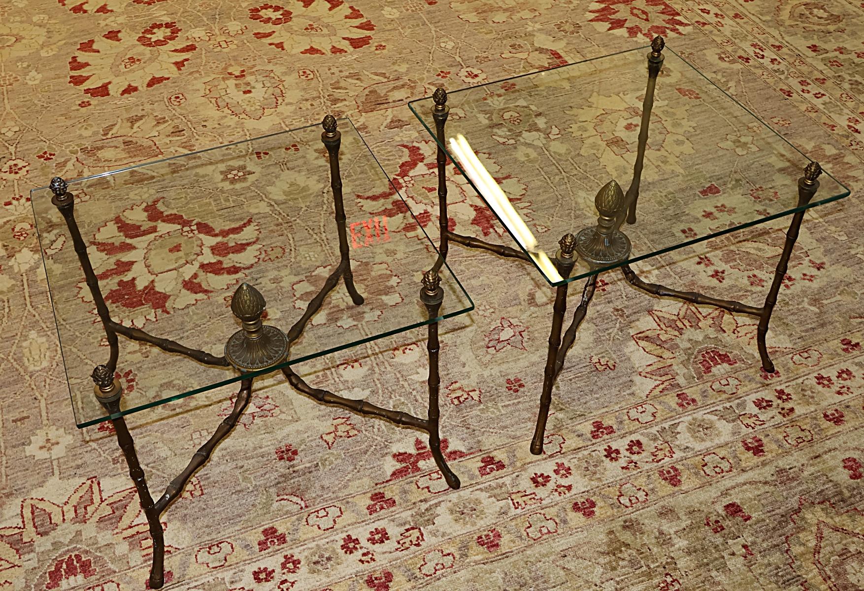 Bronze Pair of Hollywood Regency Faux Bamboo Maison Bagues Style Cocktail End Tables For Sale