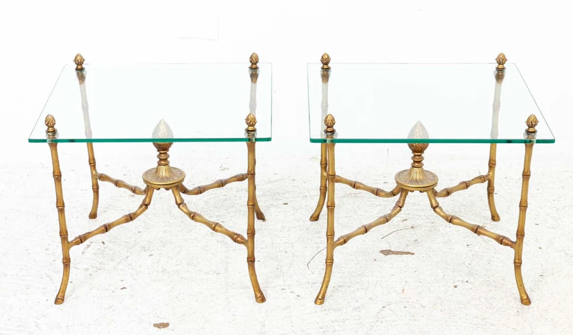 Pair of Hollywood Regency Faux Bamboo Maison Bagues Style Cocktail End Tables For Sale 1