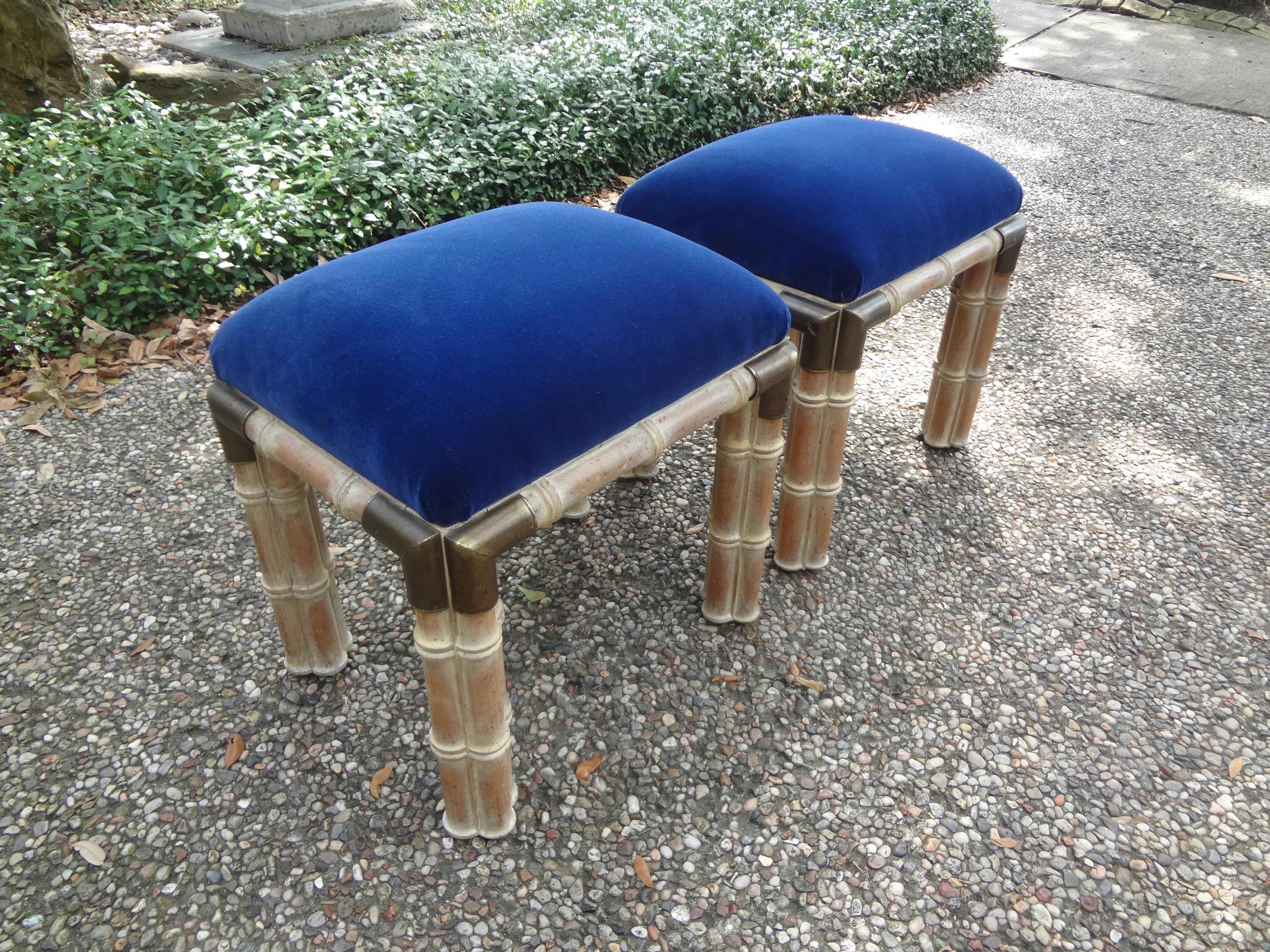Brass Pair Of Hollywood Regency Faux Bamboo Wood Ottomans