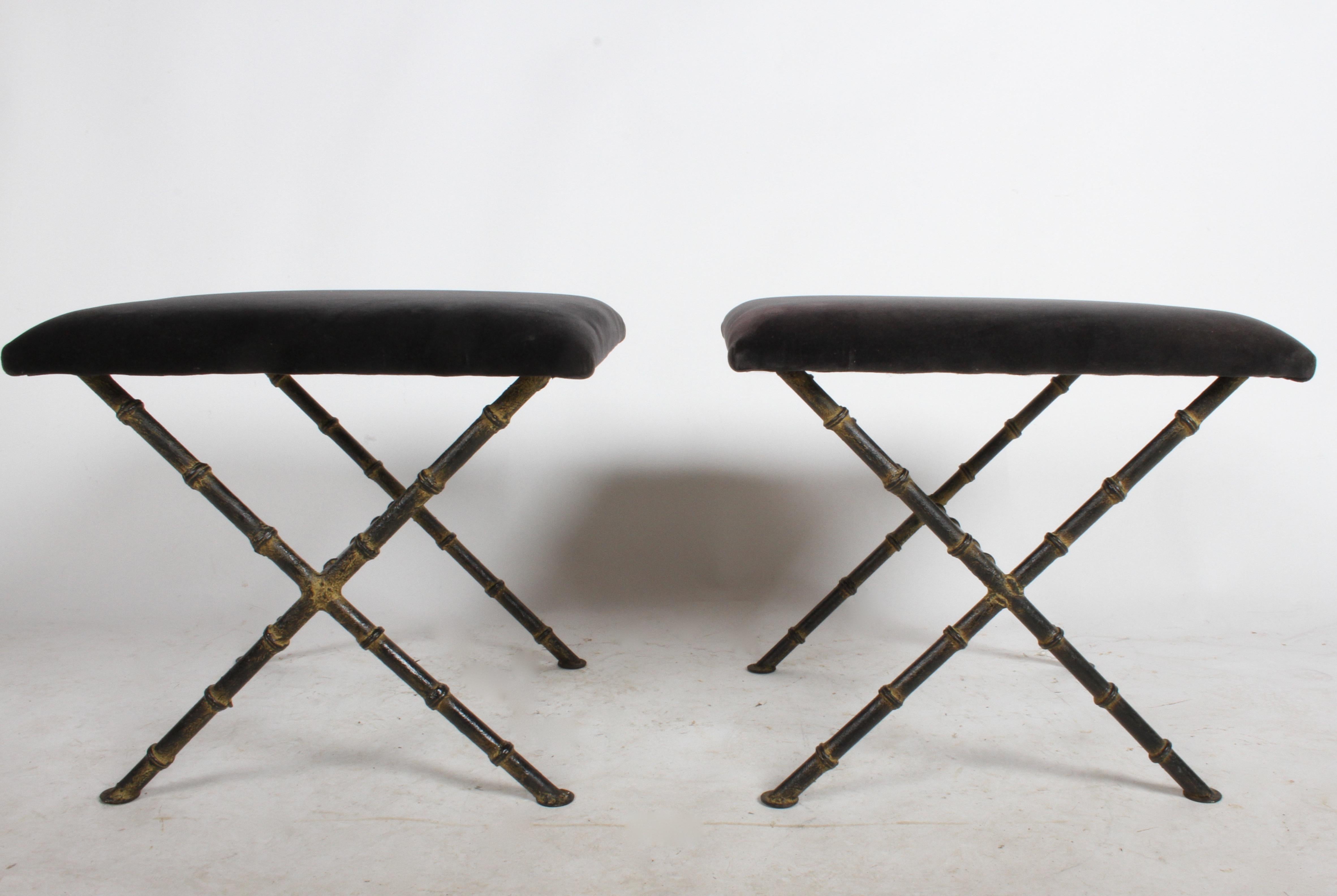 Cold-Painted Pair of Hollywood Regency Faux Bamboo X-Base Stools, Benches or Ottomans