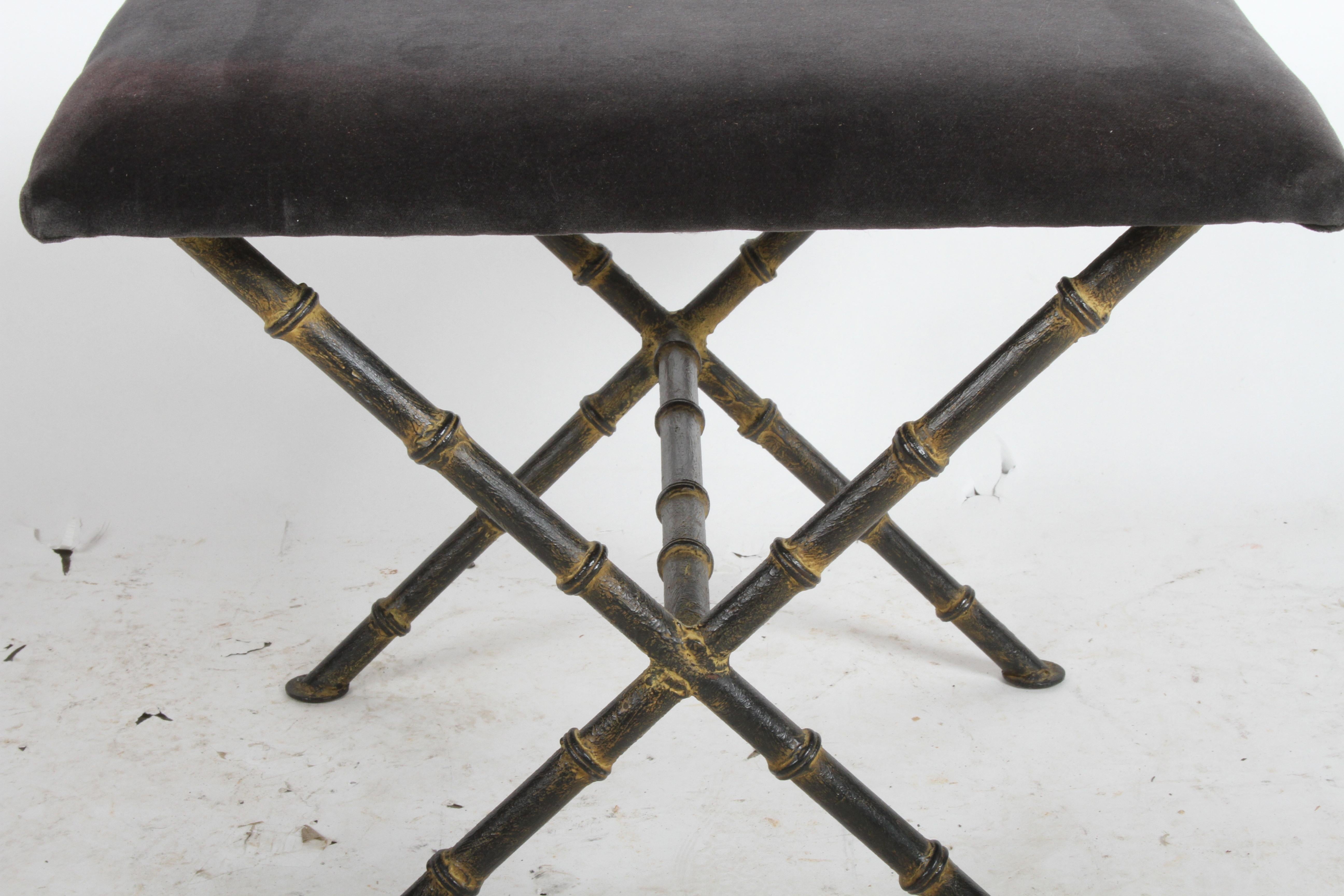 Mid-20th Century Pair of Hollywood Regency Faux Bamboo X-Base Stools, Benches or Ottomans