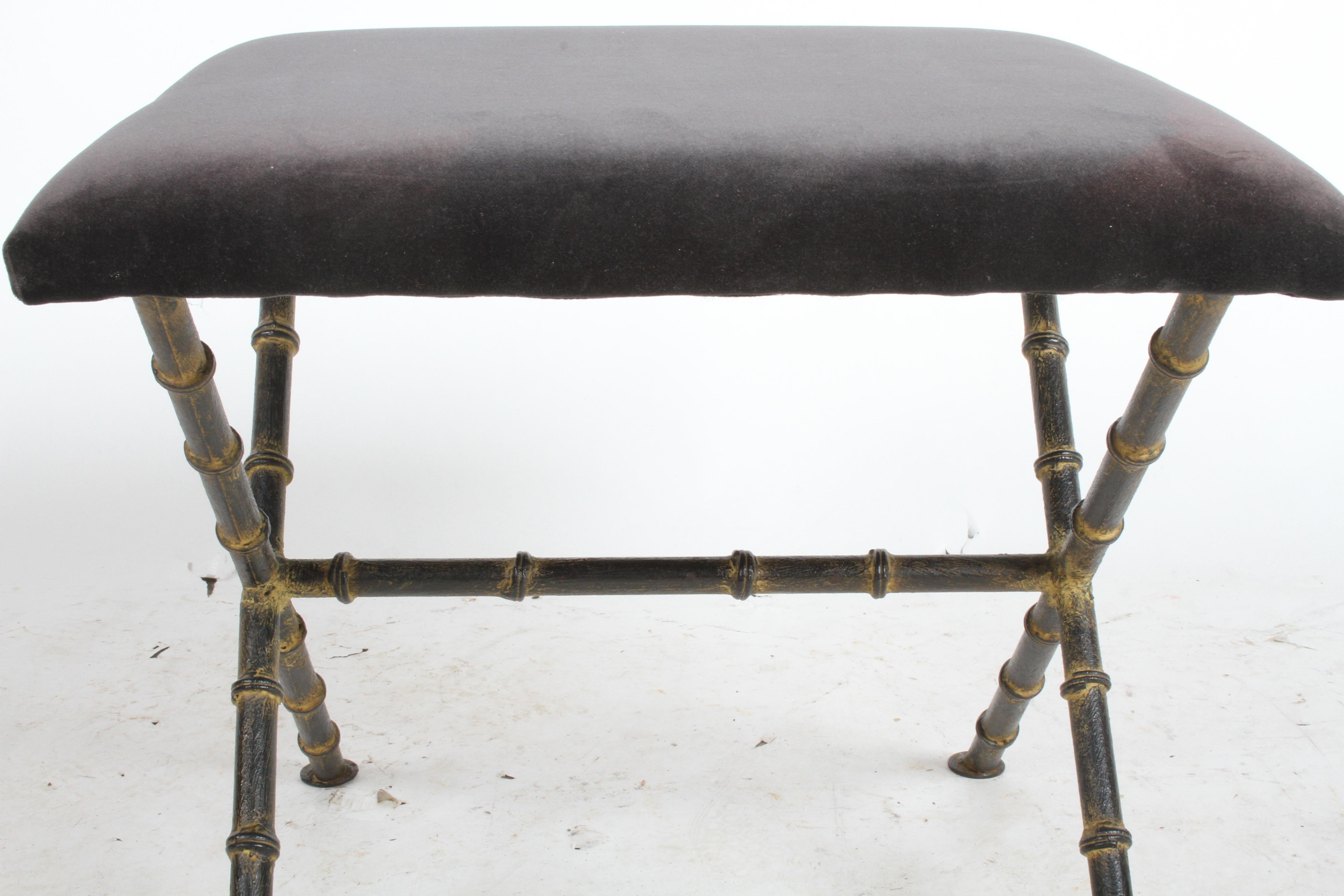 Iron Pair of Hollywood Regency Faux Bamboo X-Base Stools, Benches or Ottomans