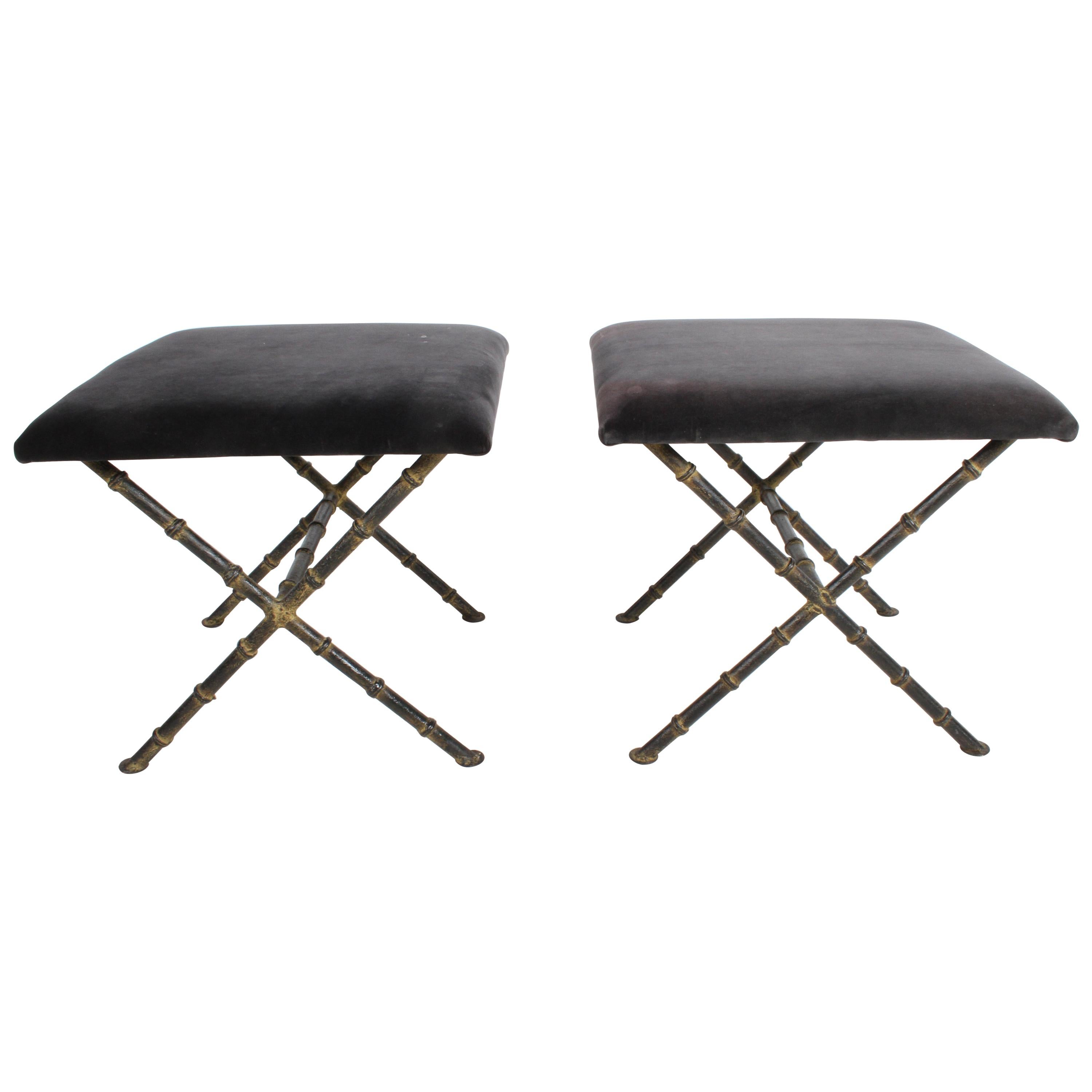 Pair of Hollywood Regency Faux Bamboo X-Base Stools, Benches or Ottomans